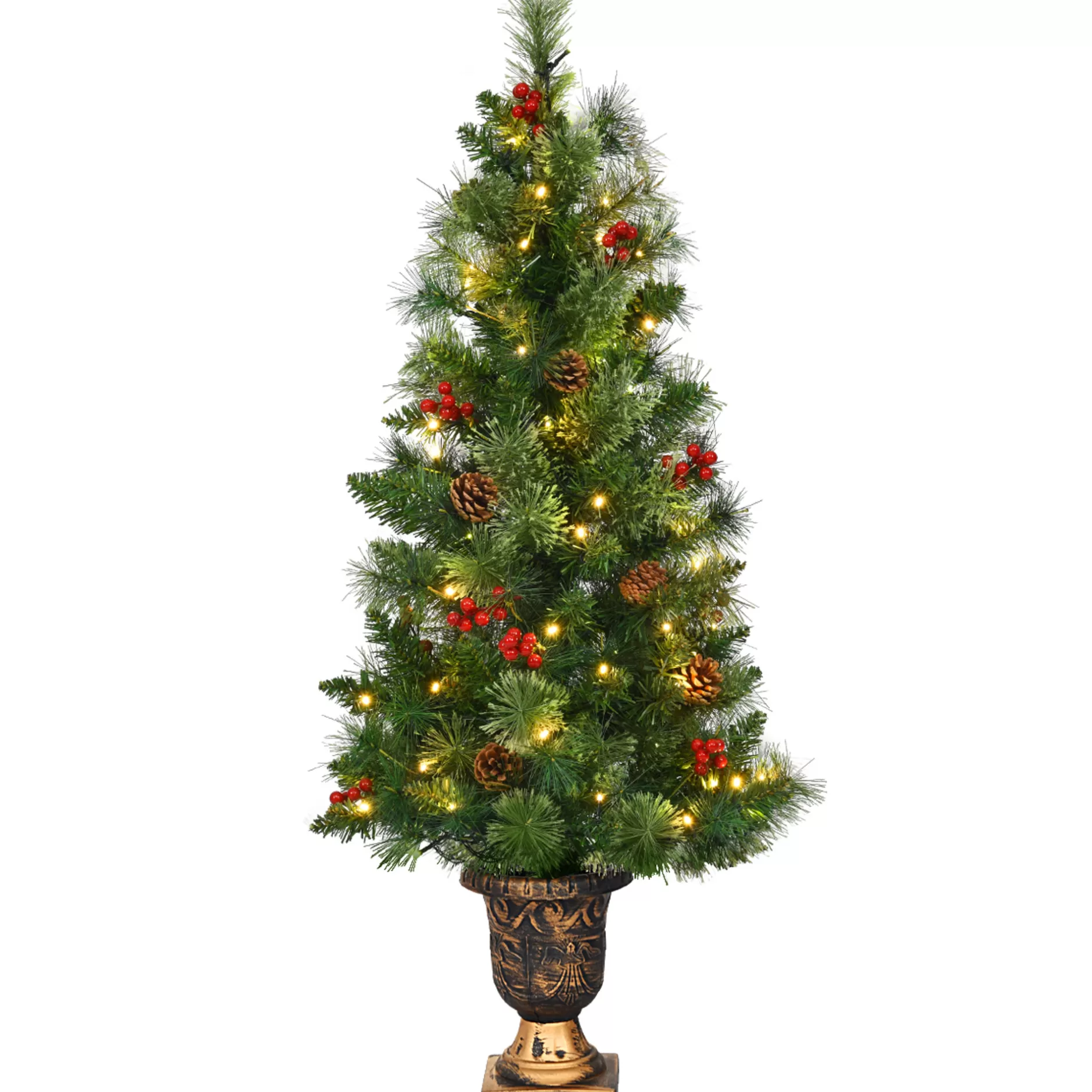 Outlet 3Ft Pre-Lit Christmas Entrance Tree In Urn W/ 40 Led Light Red Berries Pine Cone Pre-Lit