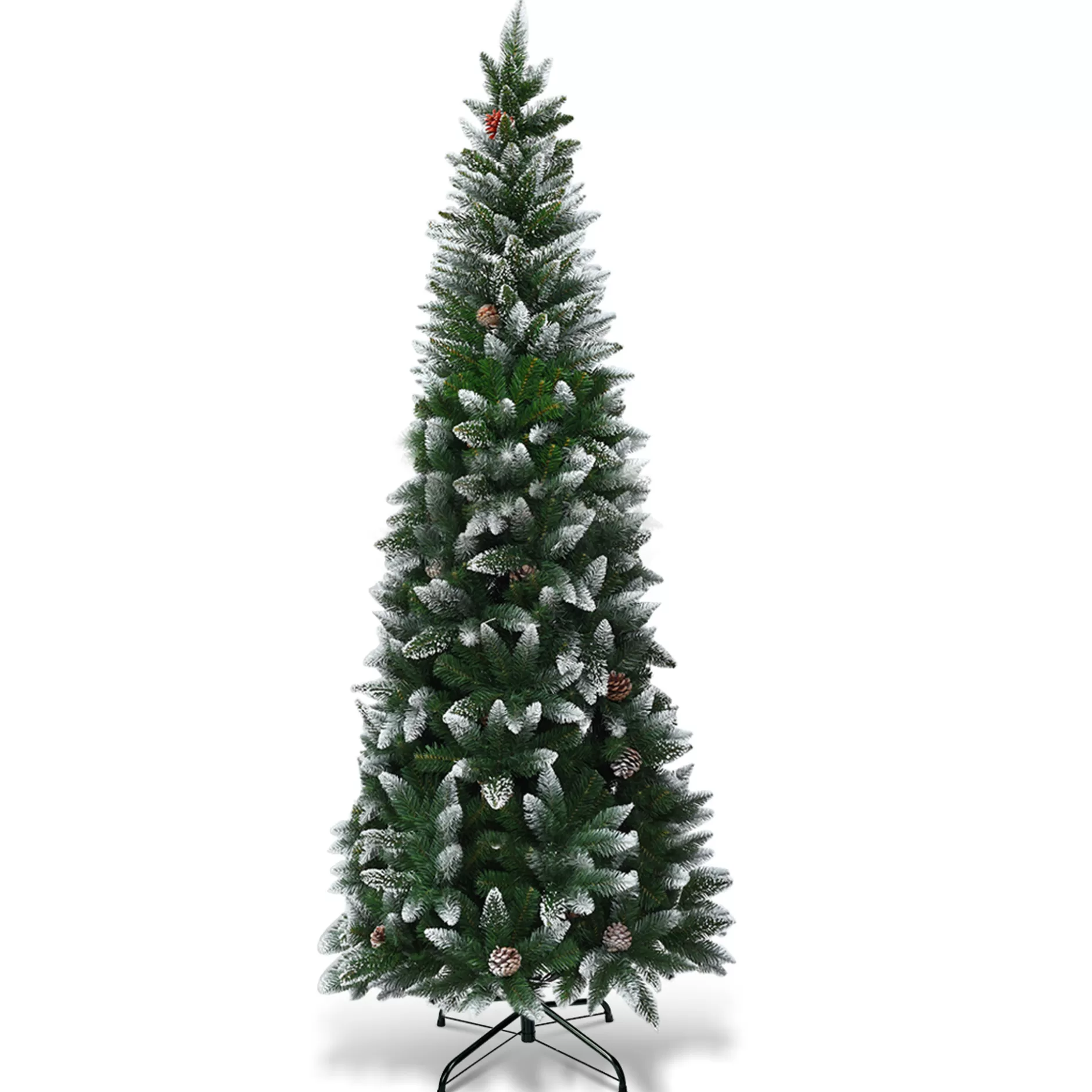 Sale 7.5Ft Snow Flocked Pencil Christmas Tree Hinged Pine Cones Fiber Optic