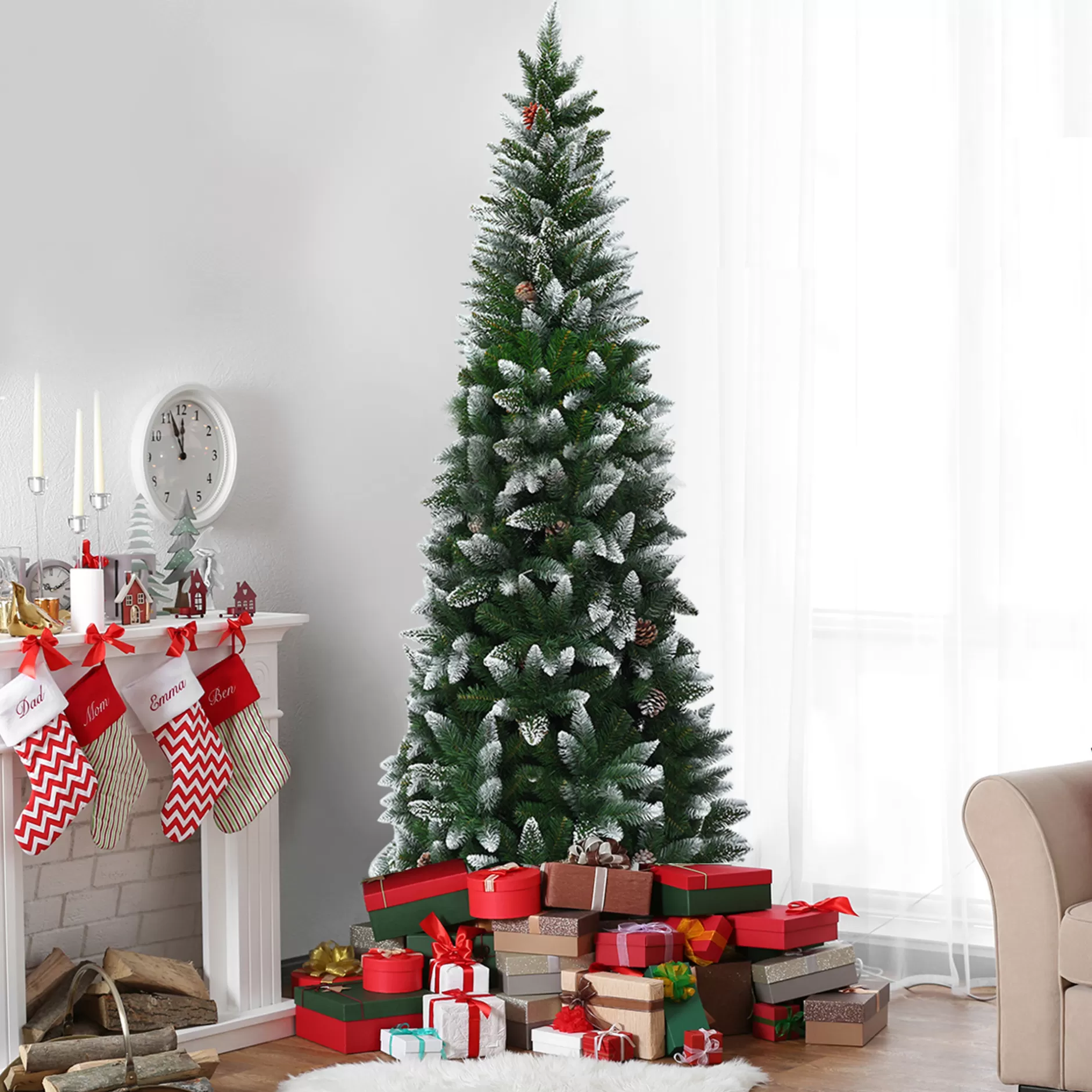 Sale 7.5Ft Snow Flocked Pencil Christmas Tree Hinged Pine Cones Fiber Optic