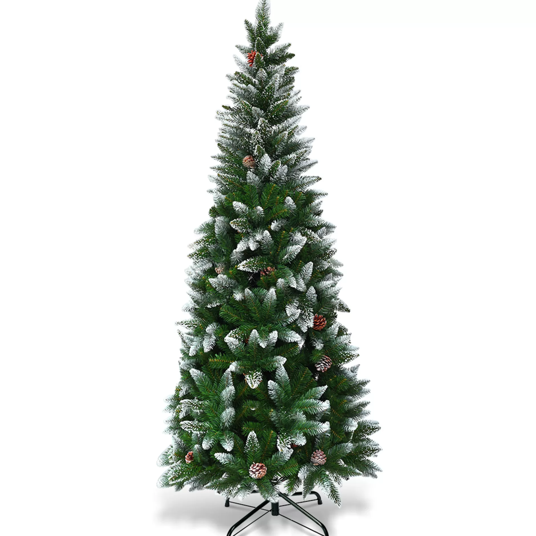 Sale 5Ft Snow Flocked Unlit Pencil Christmas Tree Hinged Pine Cones Fiber Optic