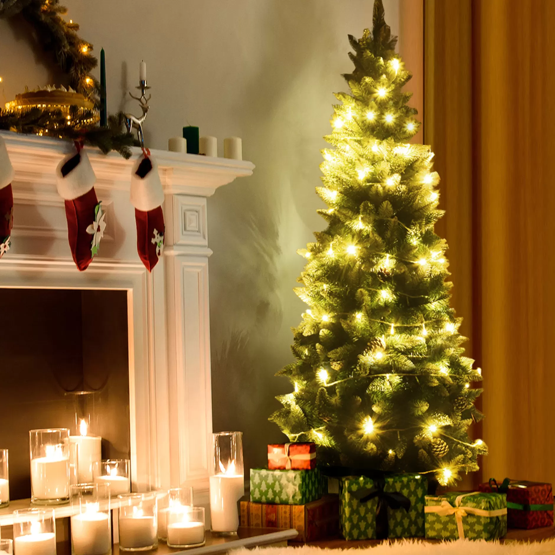 Flash Sale 6Ft Snow Flocked Unlit Pencil Christmas Tree Hinged Pine Cones Fiber Optic