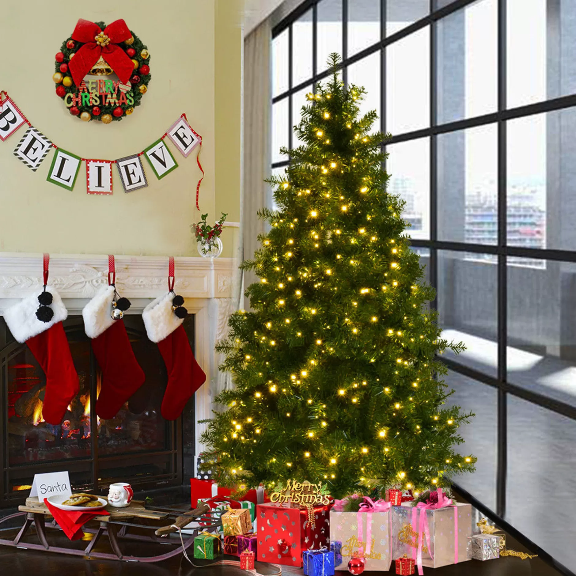 Clearance 6Ft/7Ft/8Ft Pre-Lit Pvc Christmas Tree Spruce Hinged 560/700/880 Lights - Cm20714 Pre-Lit