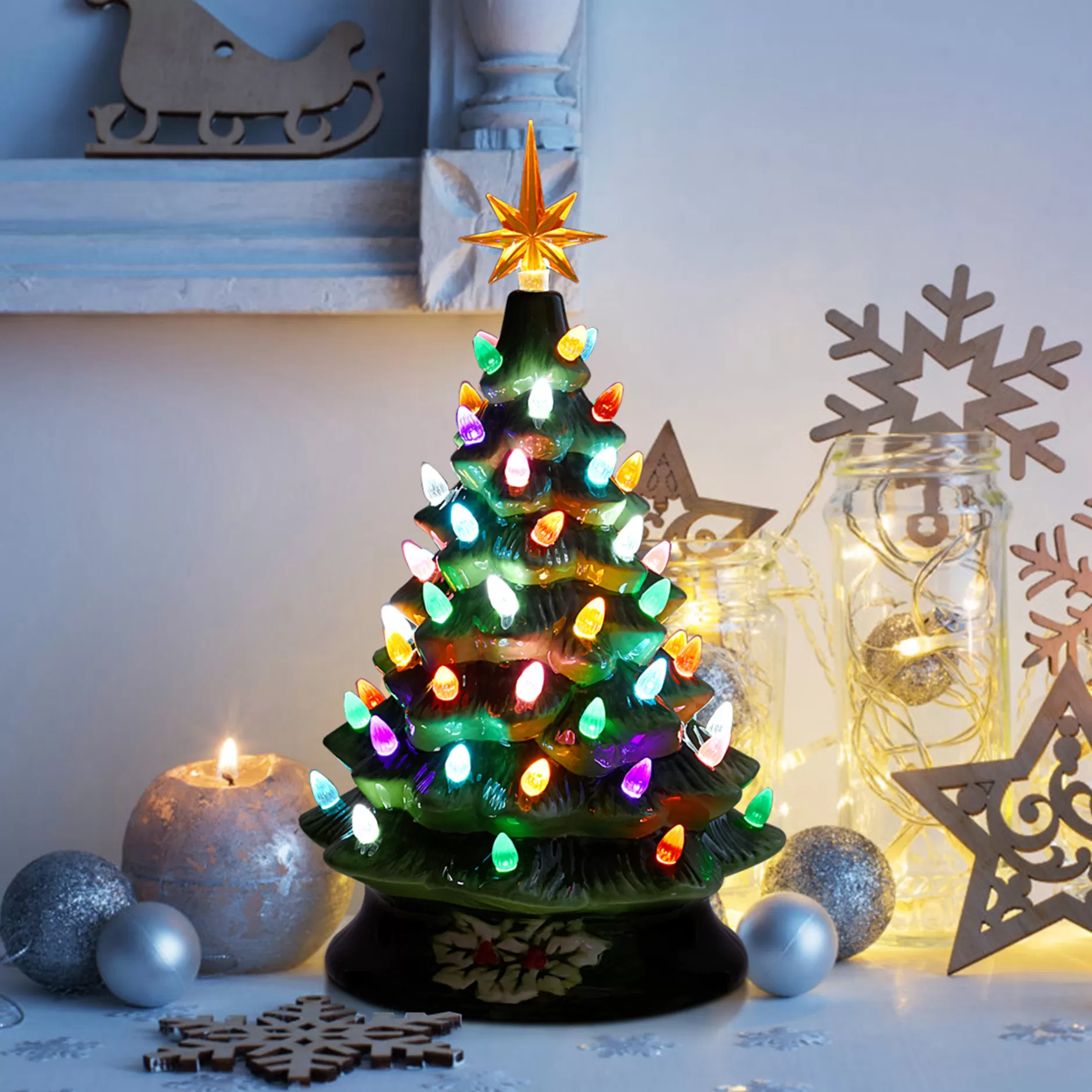 Flash Sale 15''Pre-Lit Hand-Painted Ceramic Tabletop Christmas Tree Pre-Lit