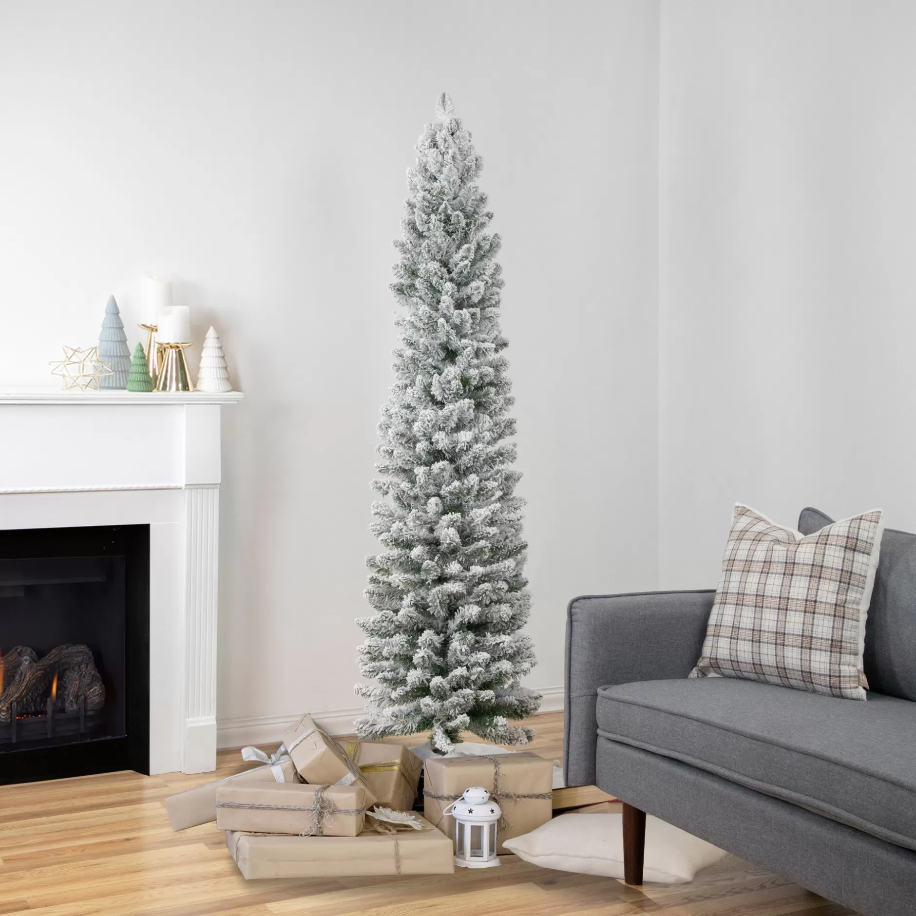 Best Sale 6' Flocked North River Pine Pencil Artificial Christmas Tree, Unlit Flocked