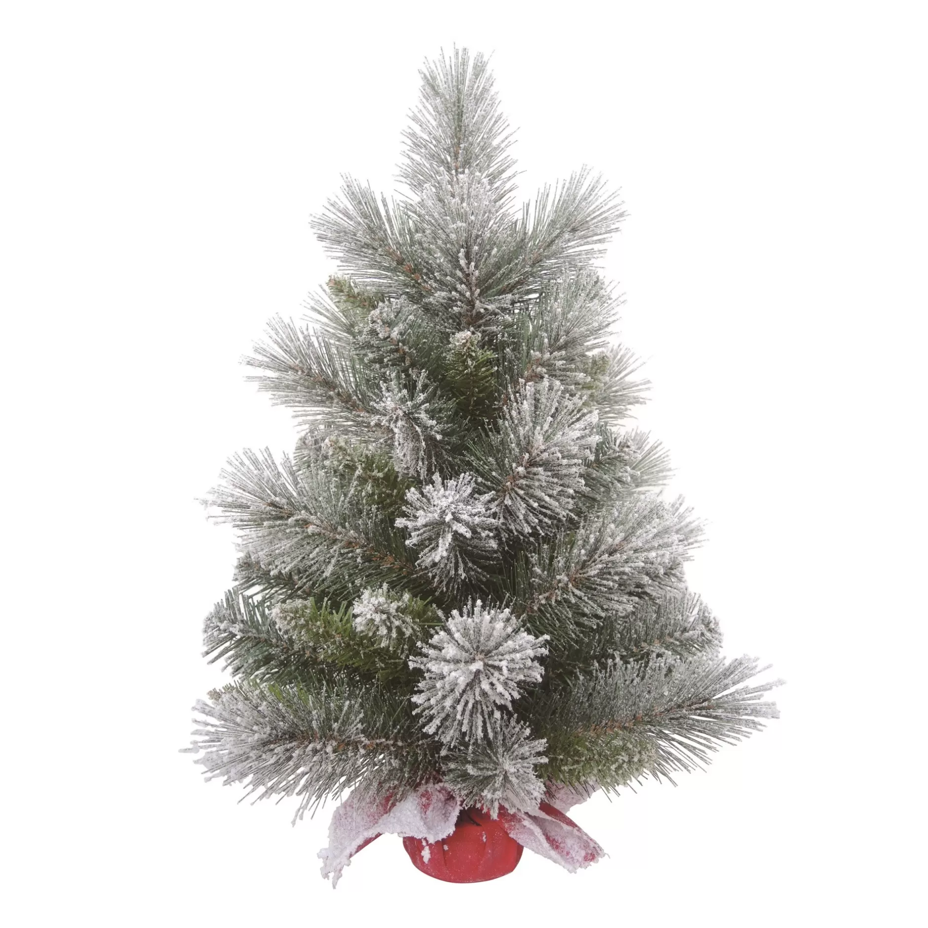 Clearance 2" Frosted Artificial Christmas Tree In Red Bag Burlap Base, Unlit Flocked