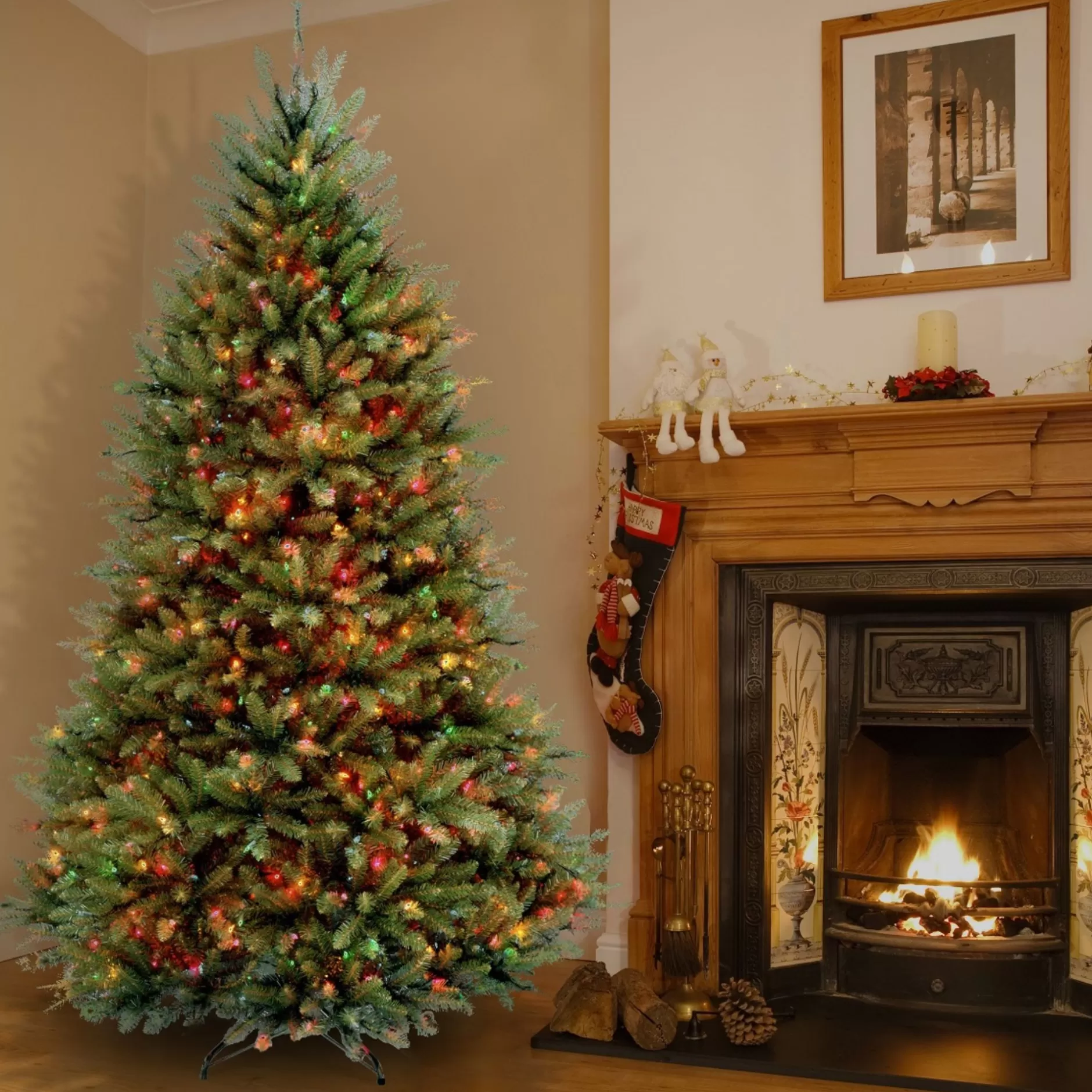 Cheap 7.5' Medium Profile Dunhill Fir Artificial Christmas Tree - Multi-Color Lights Pre-Lit