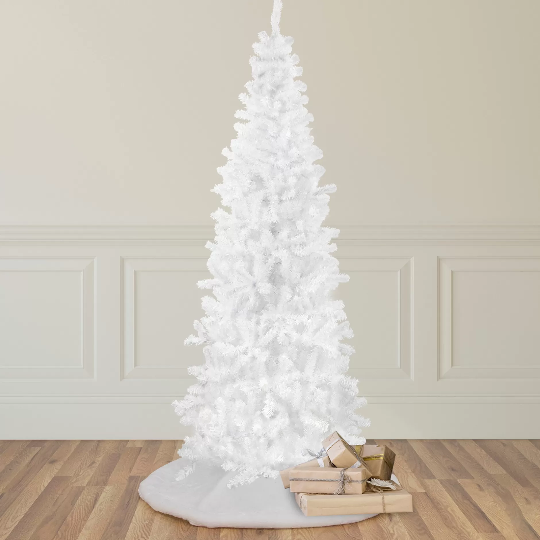 New 7.5' Pencil White Georgian Pine Artificial Christmas Tree, Unlit Colorful