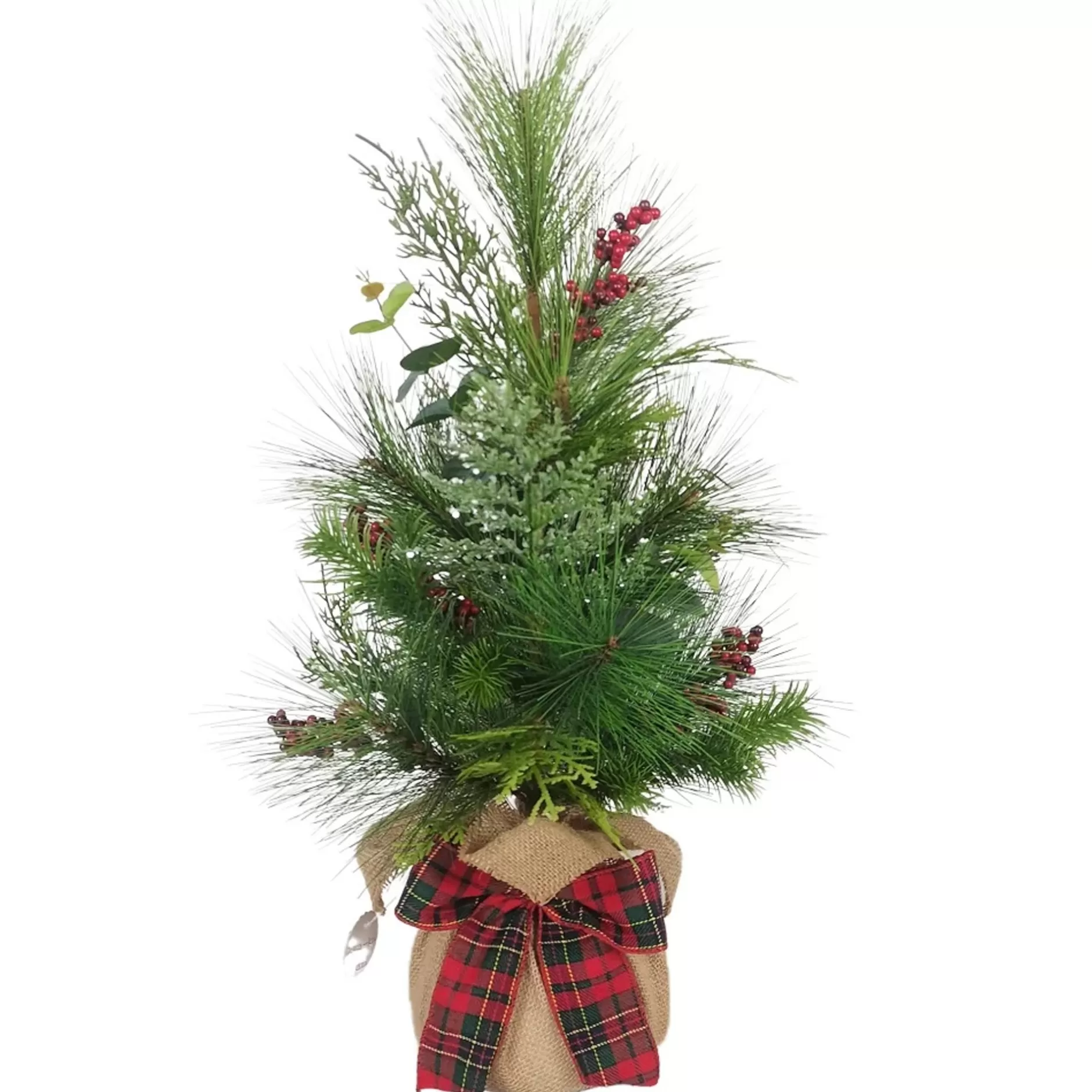 Store 1.5' Potted Berries And Plaid Ribbon Green Artificial Christmas Tree, Unlit Potted