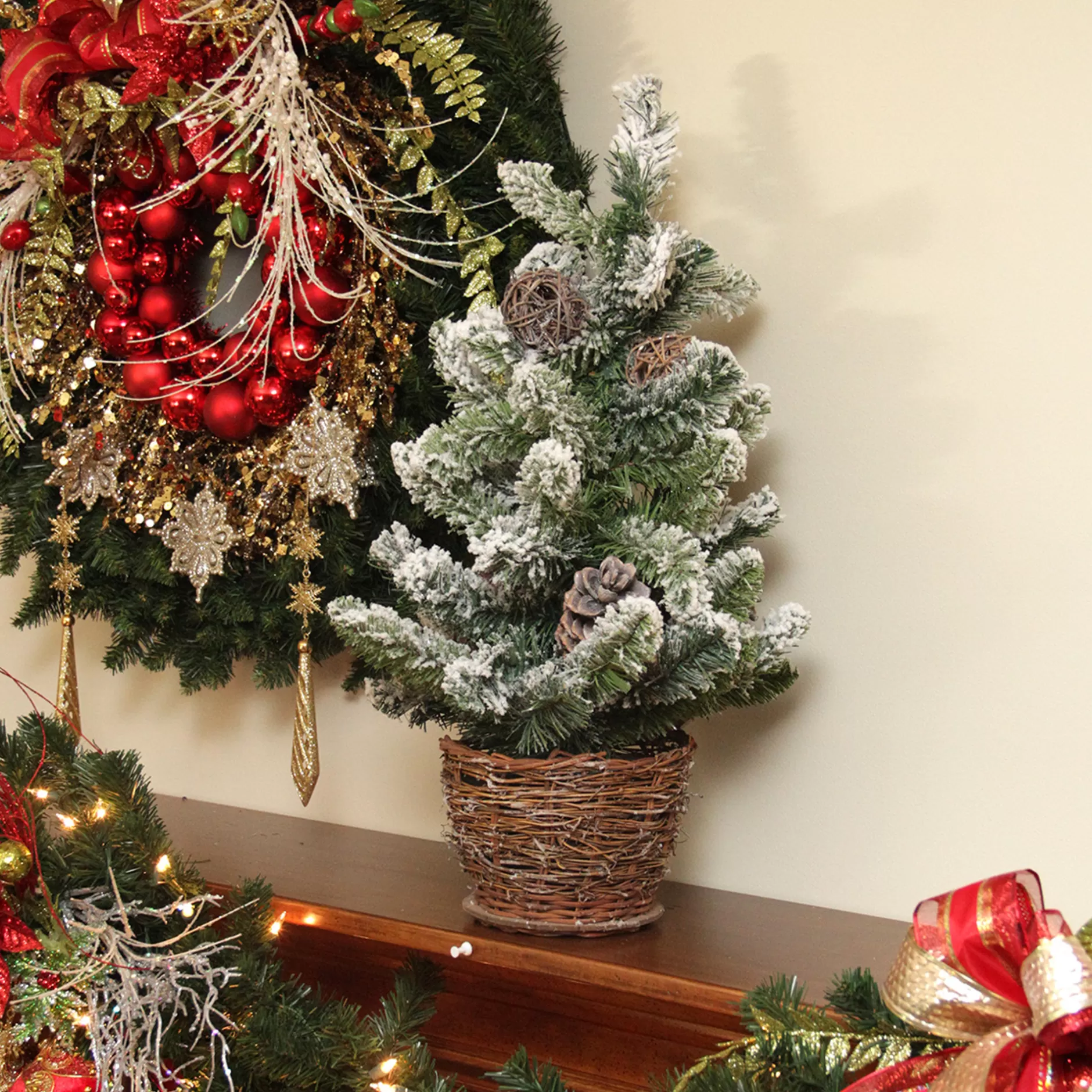 Best 2' Potted Flocked Pine Artificial Christmas Tree Slim With Wicker Base - Unlit - 31461957 Potted