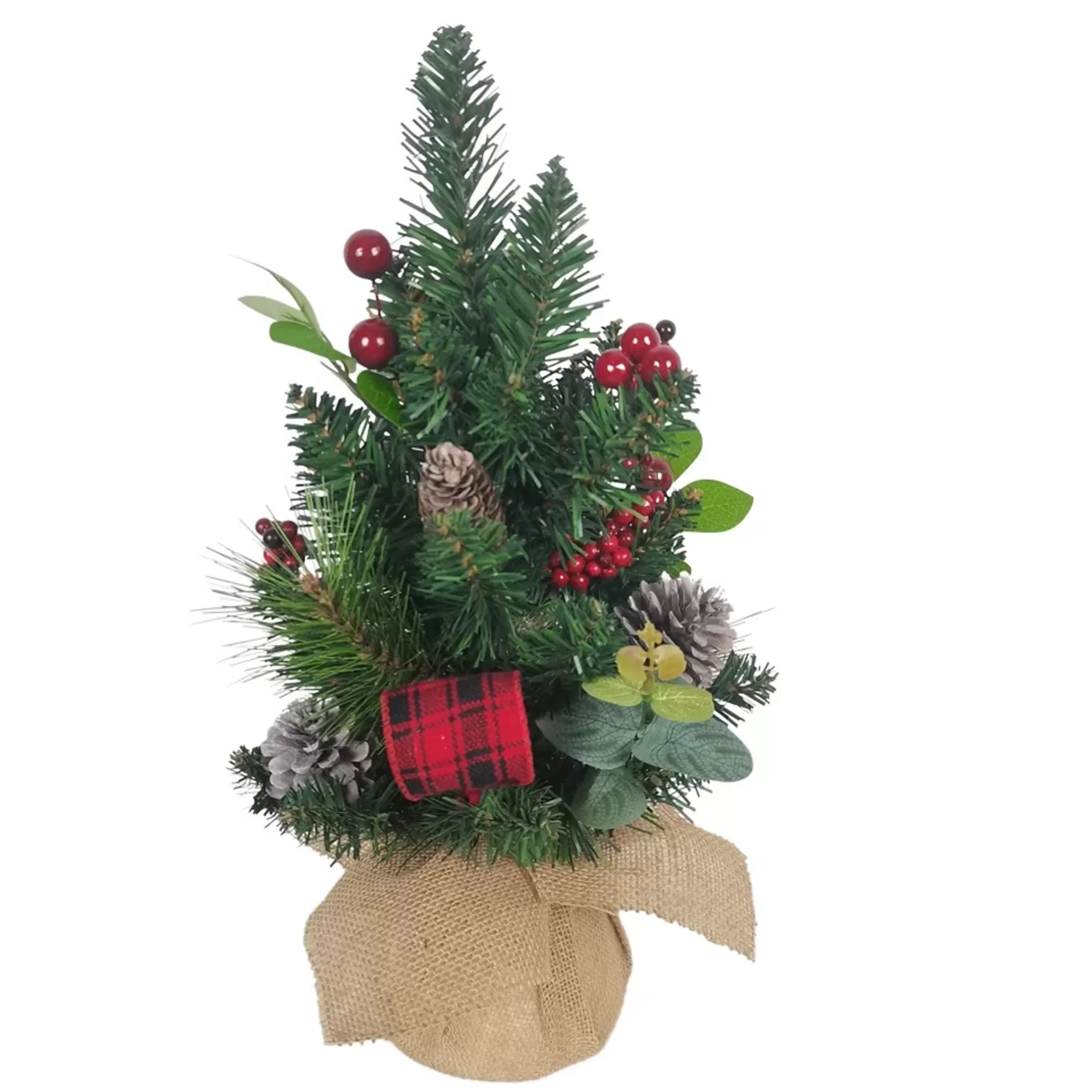 Best 1.5' Potted Green Tree Berries And Pinecone Ribbon Artificial Christmas Tree, Unlit Potted