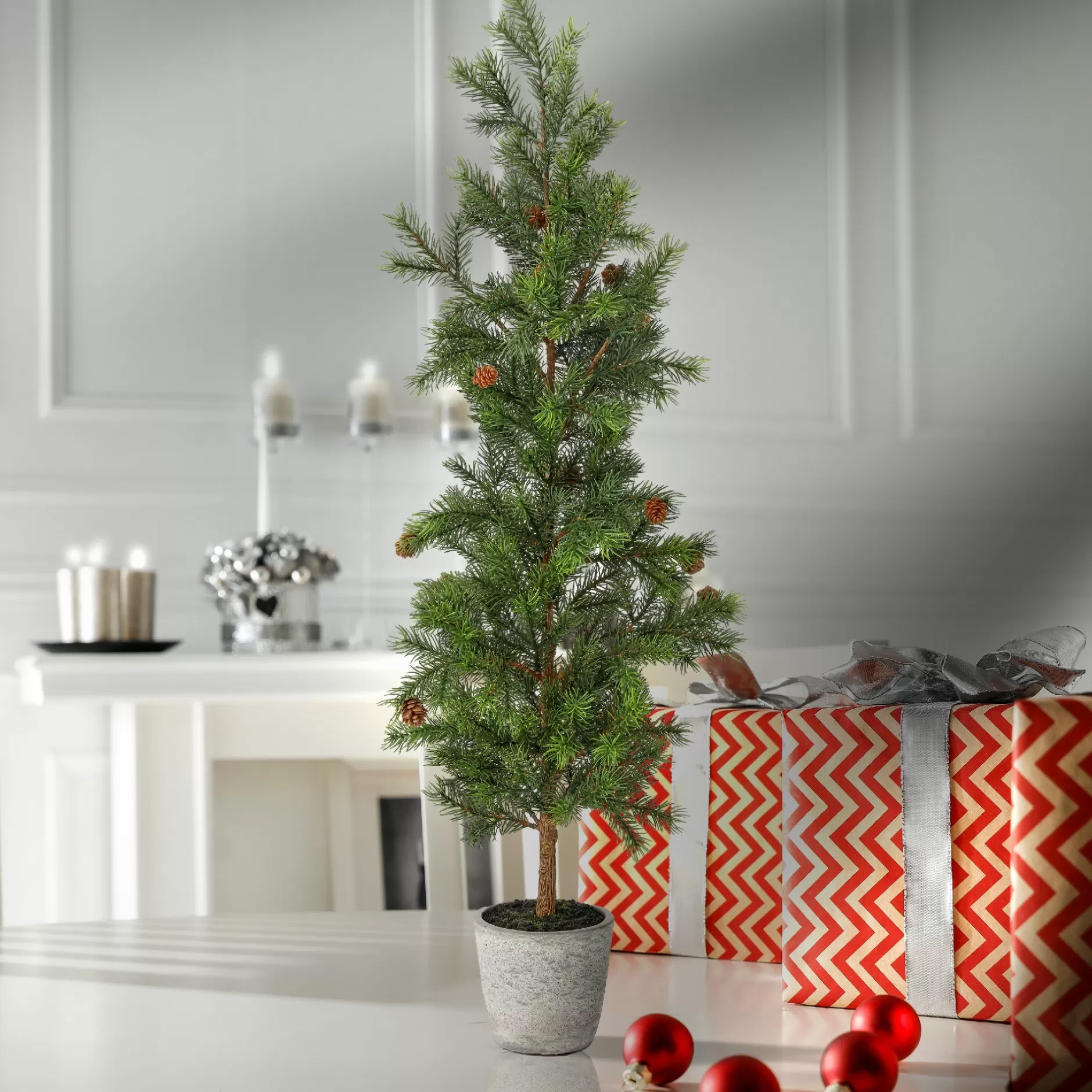 Best 3' Potted Princess Pine Pencil Artificial Christmas Tree With Pinecones, Unlit Potted