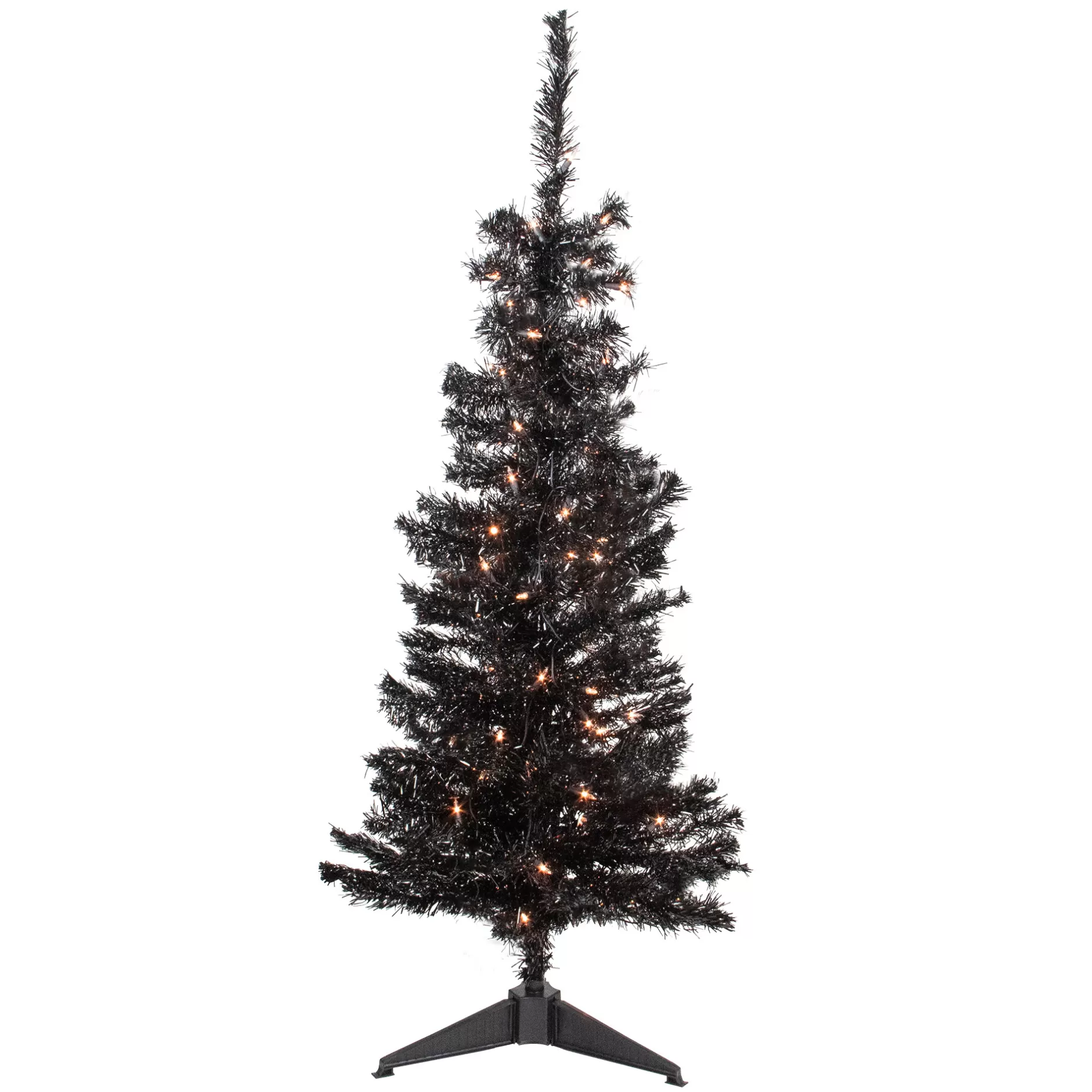 Cheap 4' Pre-Lit Black Artificial Tinsel Christmas Tree, Clear Lights Colorful