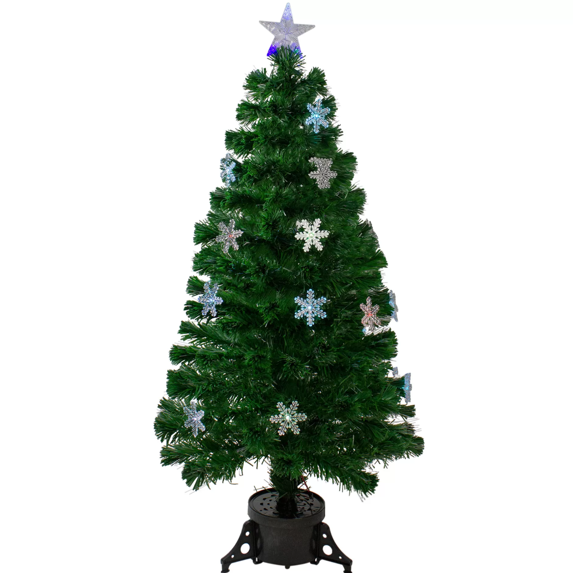 Cheap 4' Pre-Lit Color Changing Fiber Optic Artificial Christmas Tree With Snowflakes Fiber Optic