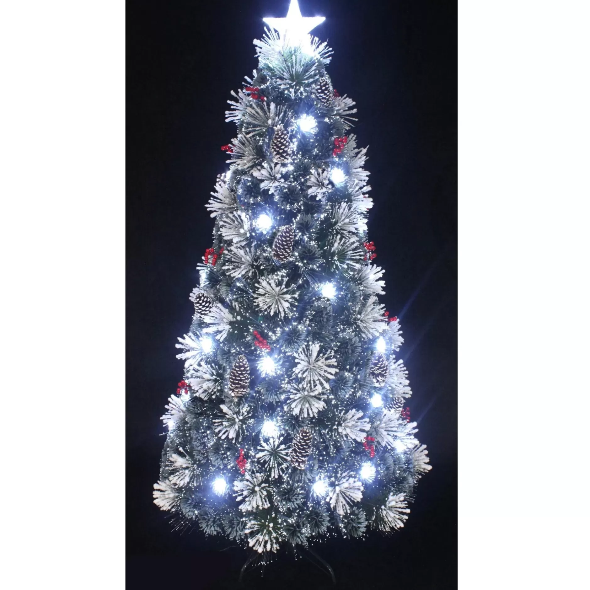 Hot 6' Pre-Lit Fiber Optic Snow Artificial Christmas Tree With Cones And Berries Fiber Optic