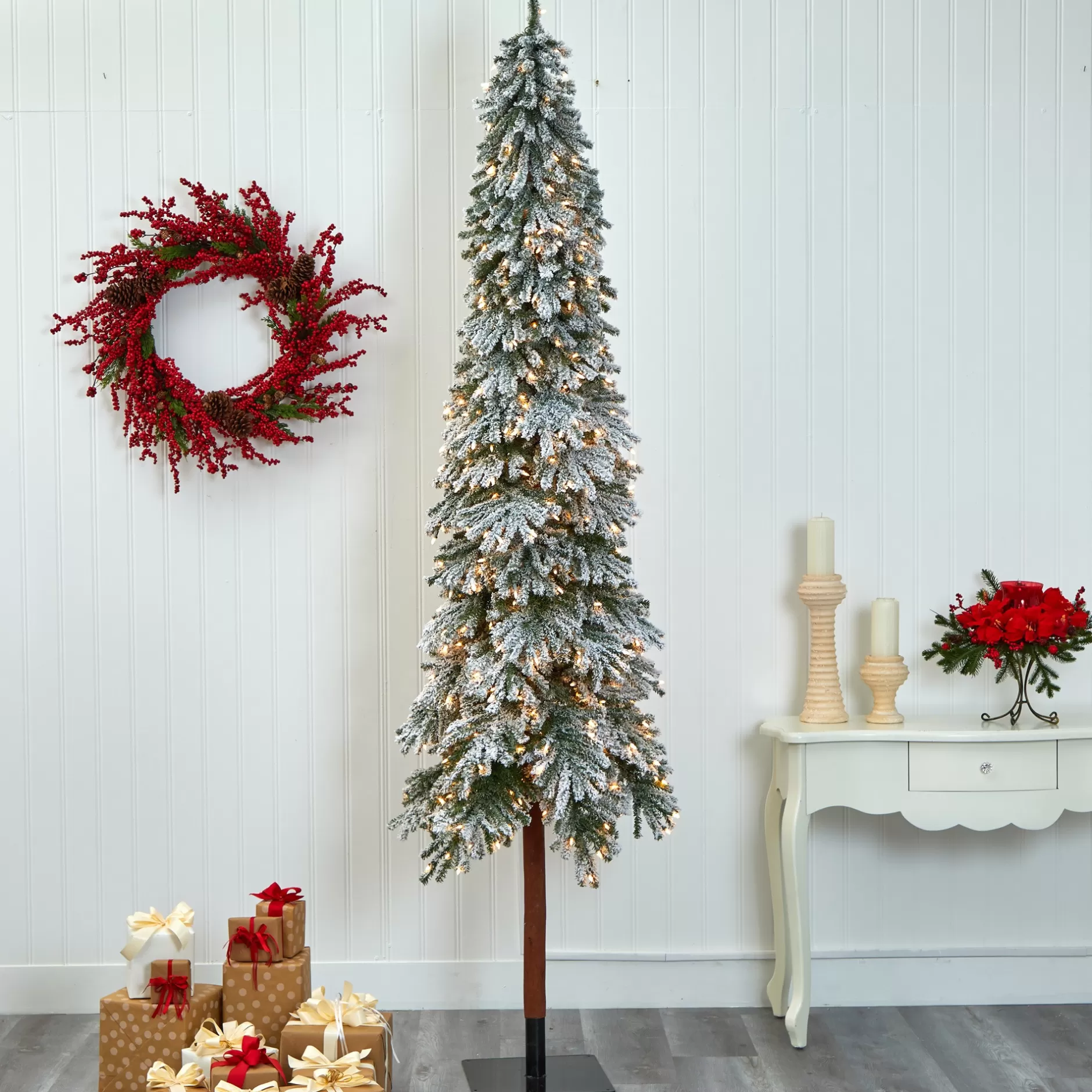 Best Sale 9' Pre-Lit Flocked Grand Alpine Artificial Christmas Tree, Clear Incandescent Lights Flocked