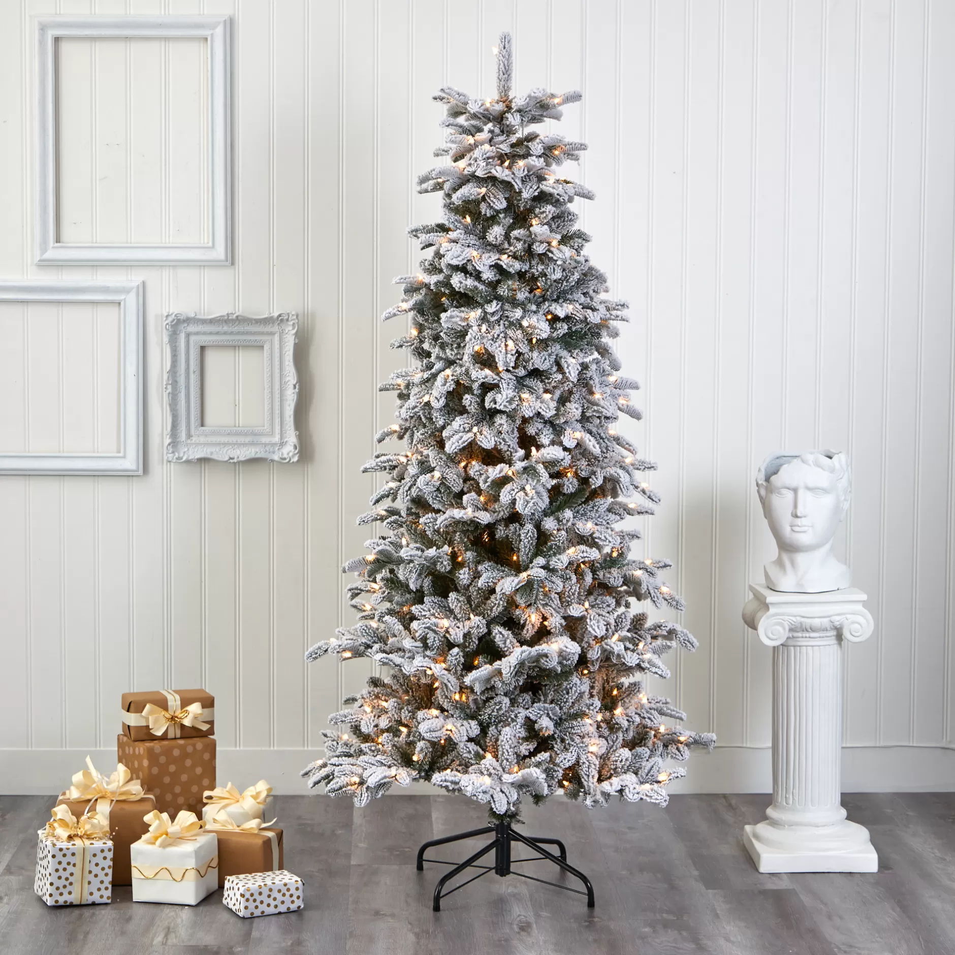 Best Sale 7' Pre-Lit Flocked North Carolina Fir Artificial Christmas Tree, Clear Lights Flocked