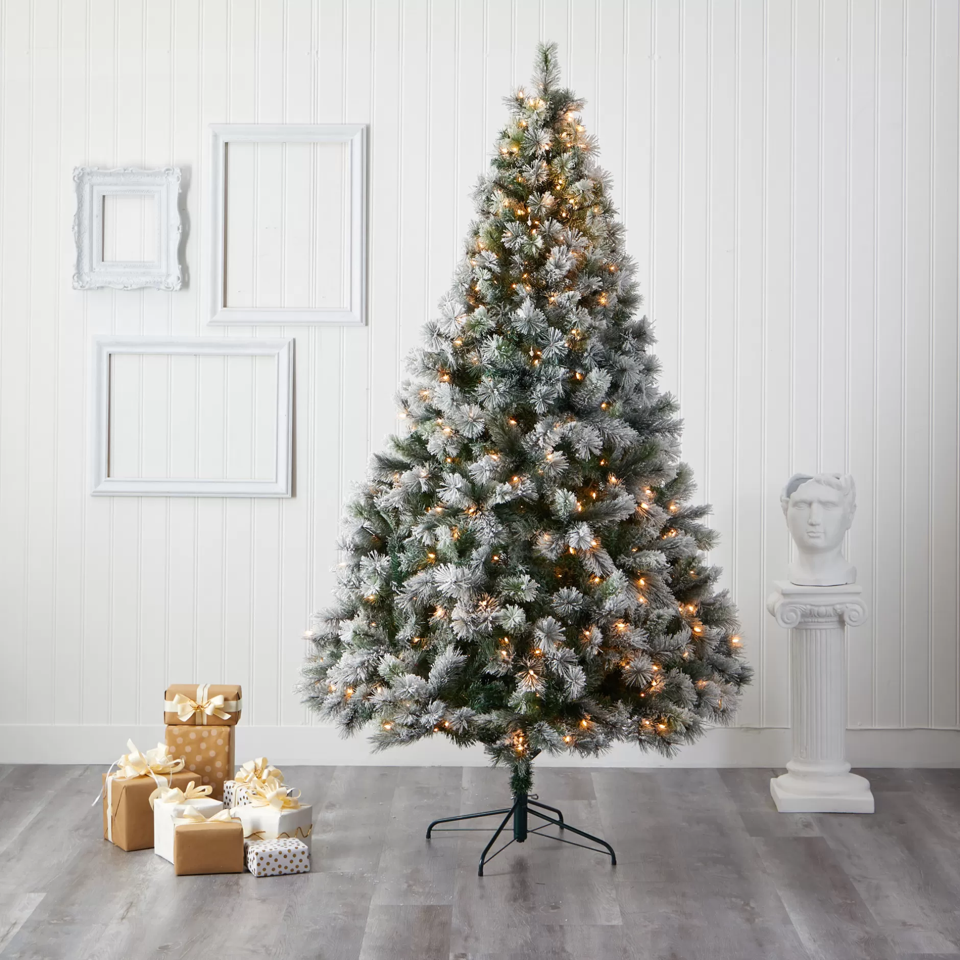 Best 8' Pre-Lit Flocked Oregon Pine Artificial Christmas Tree, Clear Led Lights Flocked
