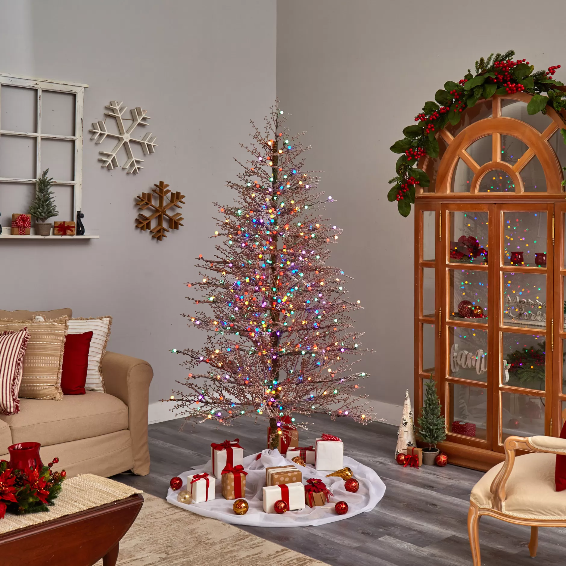 Hot 7' Pre-Lit Frosted Berry Twig Artificial Christmas Tree, Multicolor Lights Pre-Lit