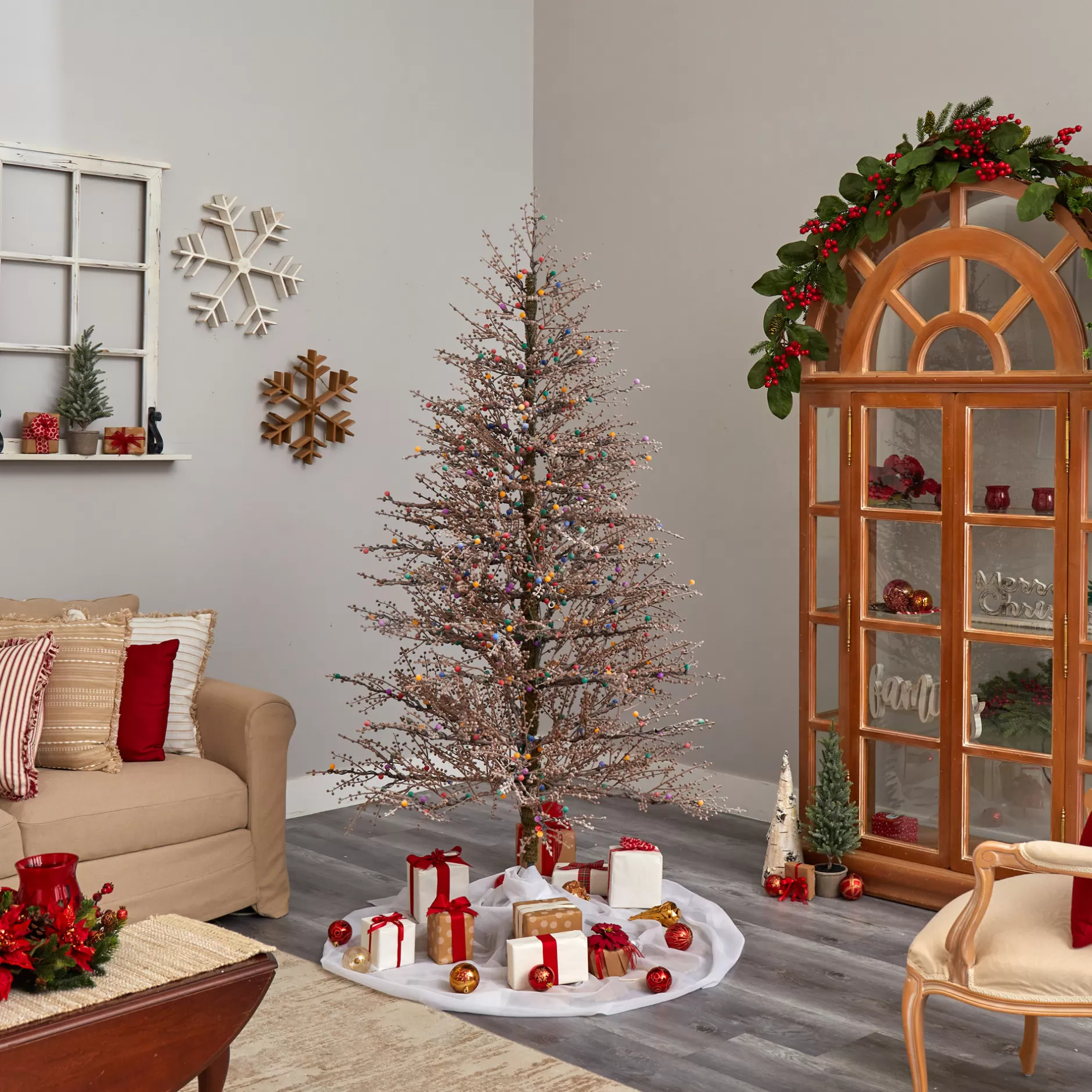 Hot 7' Pre-Lit Frosted Berry Twig Artificial Christmas Tree, Multicolor Lights Pre-Lit