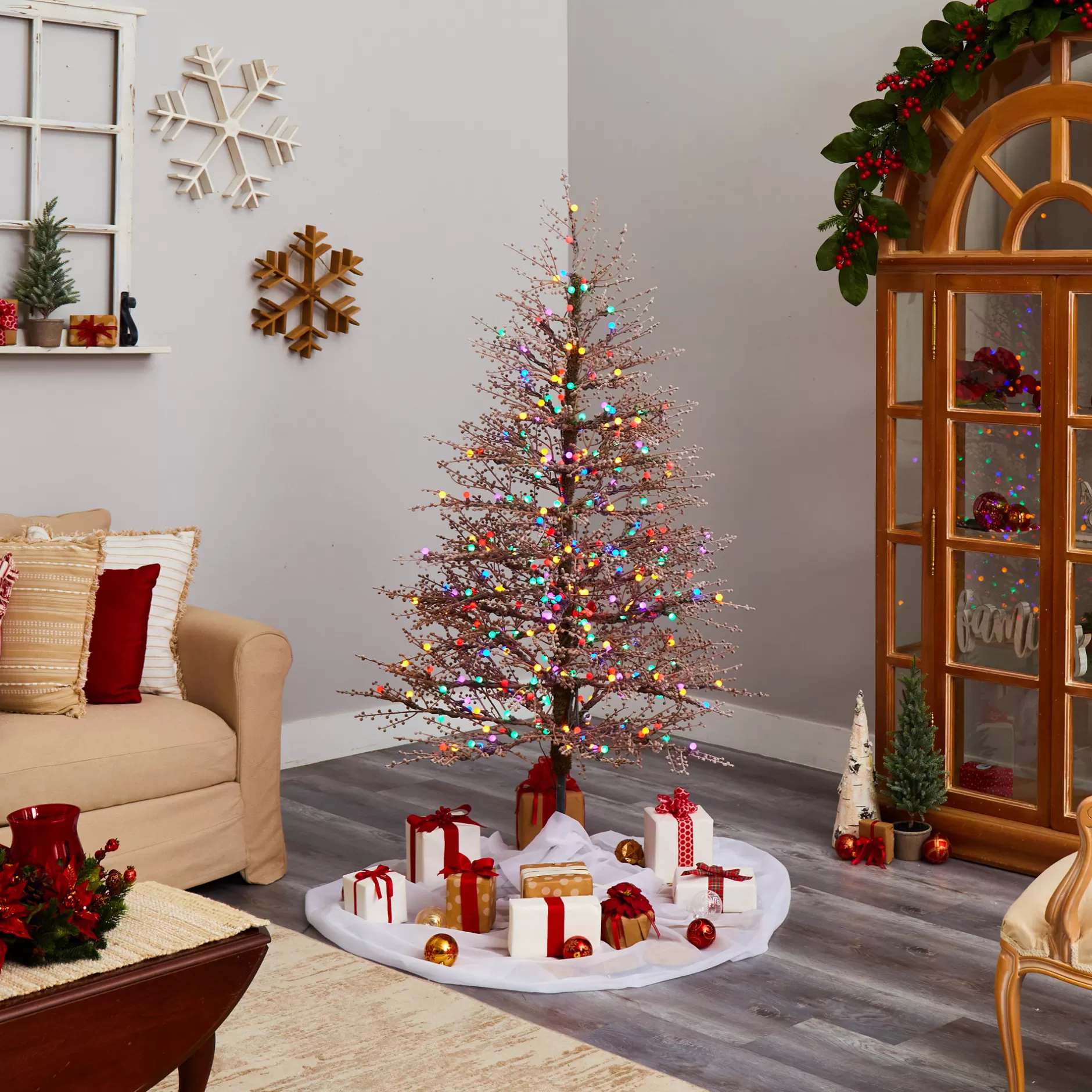 Best 4' Pre-Lit Frosted Berry Twig Artificial Christmas Tree, Multicolored Led Lights Pre-Lit