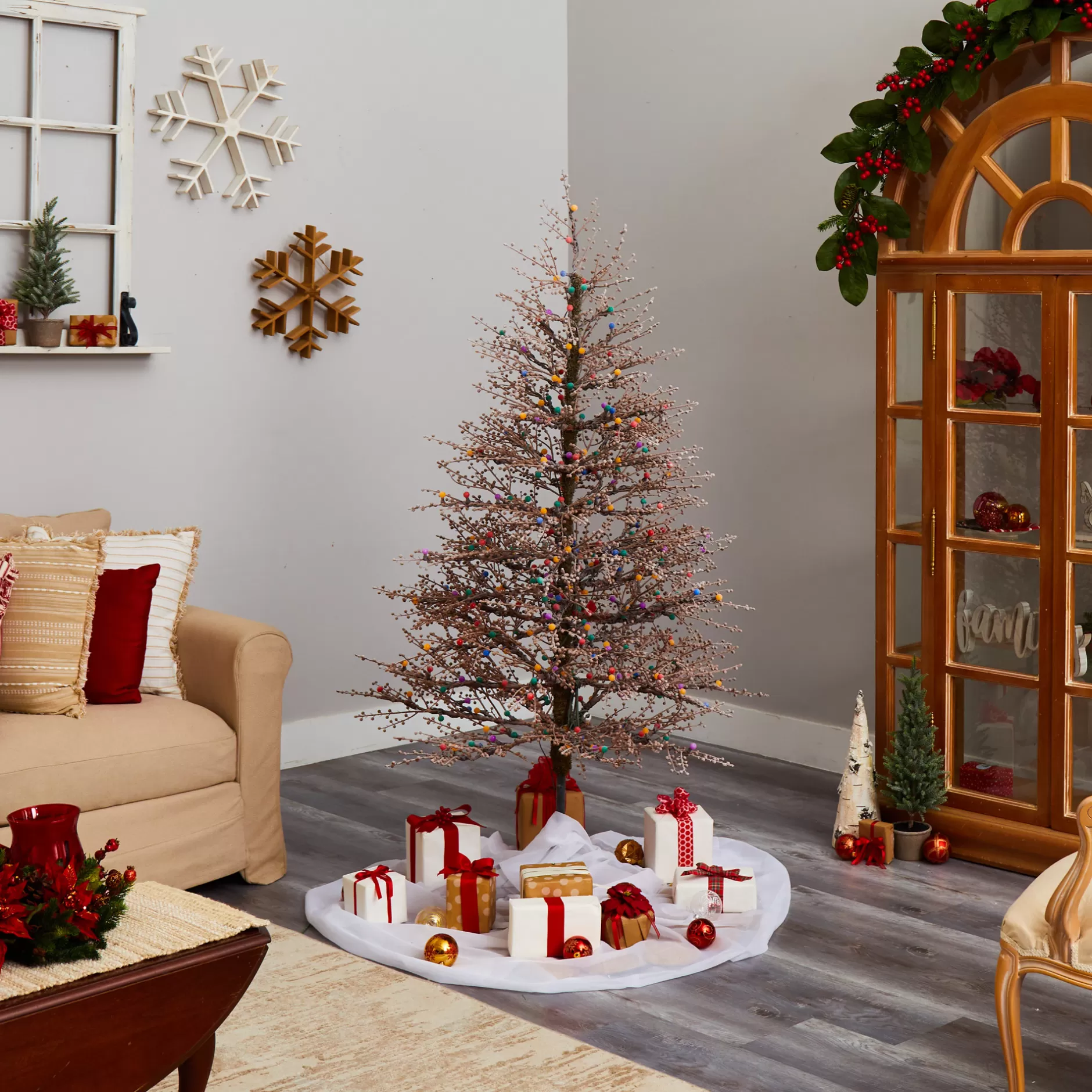 Best 4' Pre-Lit Frosted Berry Twig Artificial Christmas Tree, Multicolored Led Lights Pre-Lit
