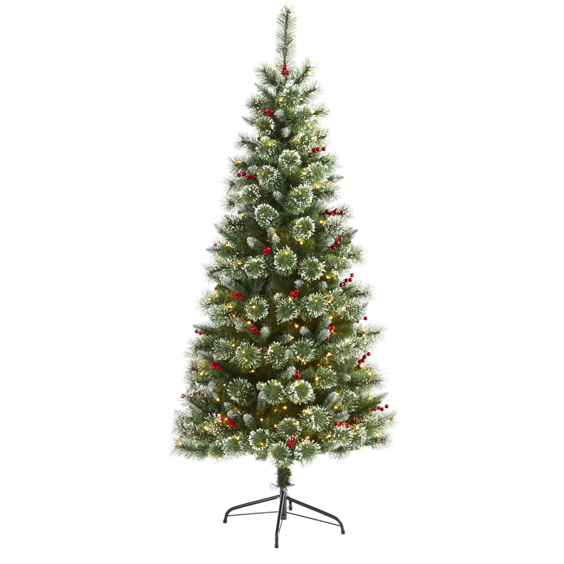 Best 6' Pre-Lit Frosted Swiss Pine And Berries Artificial Christmas Tree, Clear Led Lights Flocked