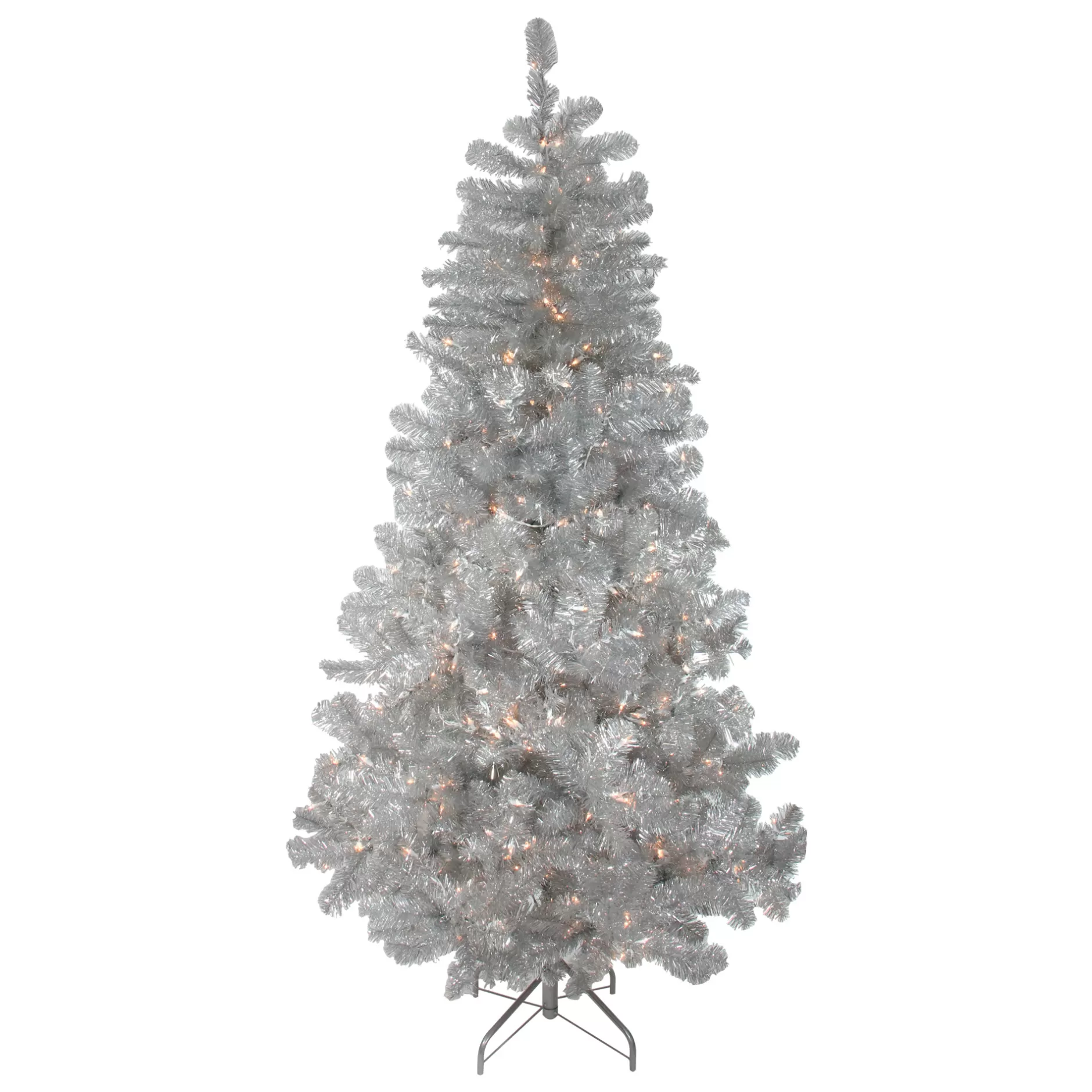 New 7.5' Pre-Lit Full Metallic Tinsel Artificial Christmas Tree, Clear Lights Colorful