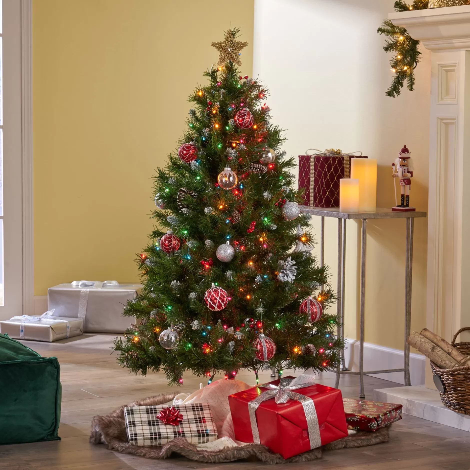 Shop 4.5' Pre-Lit Full Mixed Spruce Artificial Christmas Tree With Frosted Branches - Multicolor Lights Pre-Lit