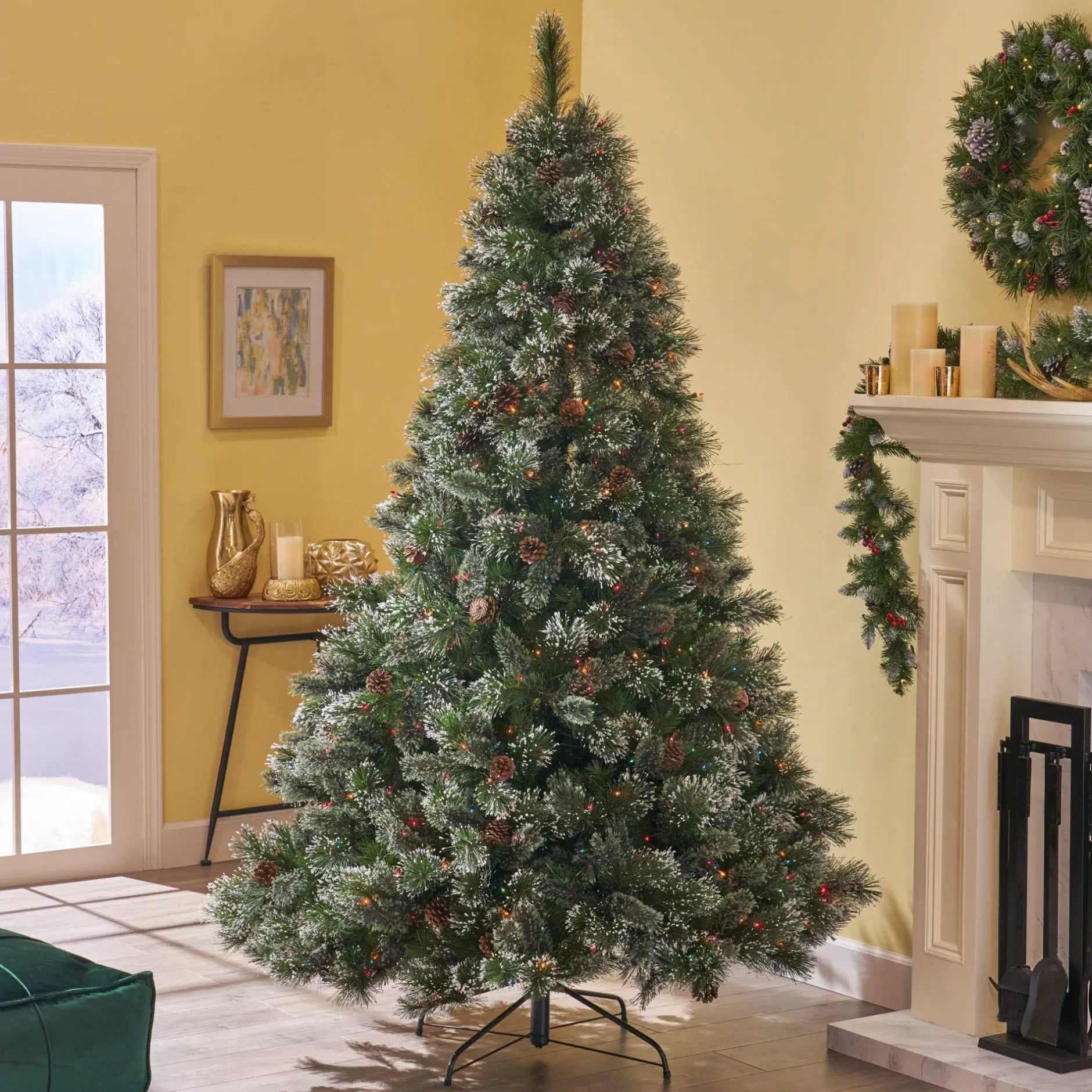 Cheap 7.5' Pre-Lit Full Mixed Spruce Artificial Christmas Tree With Snowy Branches - Multicolor Lights Pre-Lit