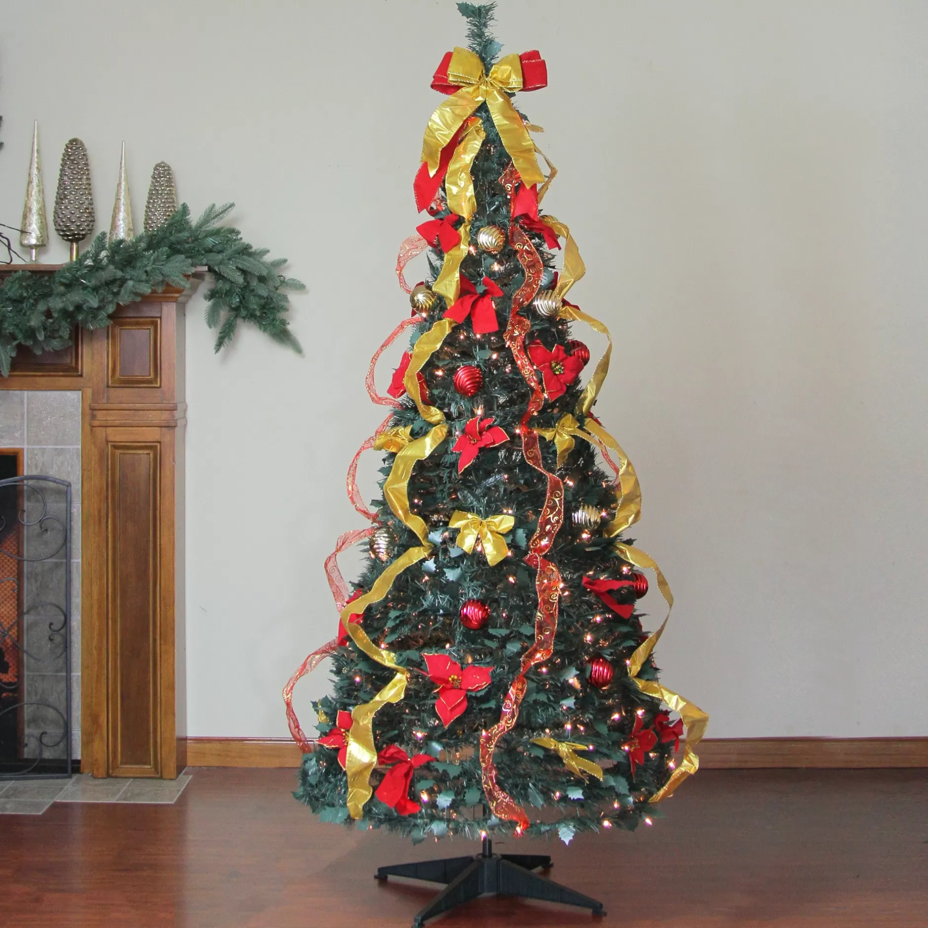 Fashion 6' Pre-Lit Gold And Red Pre-Decorated Pop-Up Artificial Christmas Tree, Clear Lights Pop Up