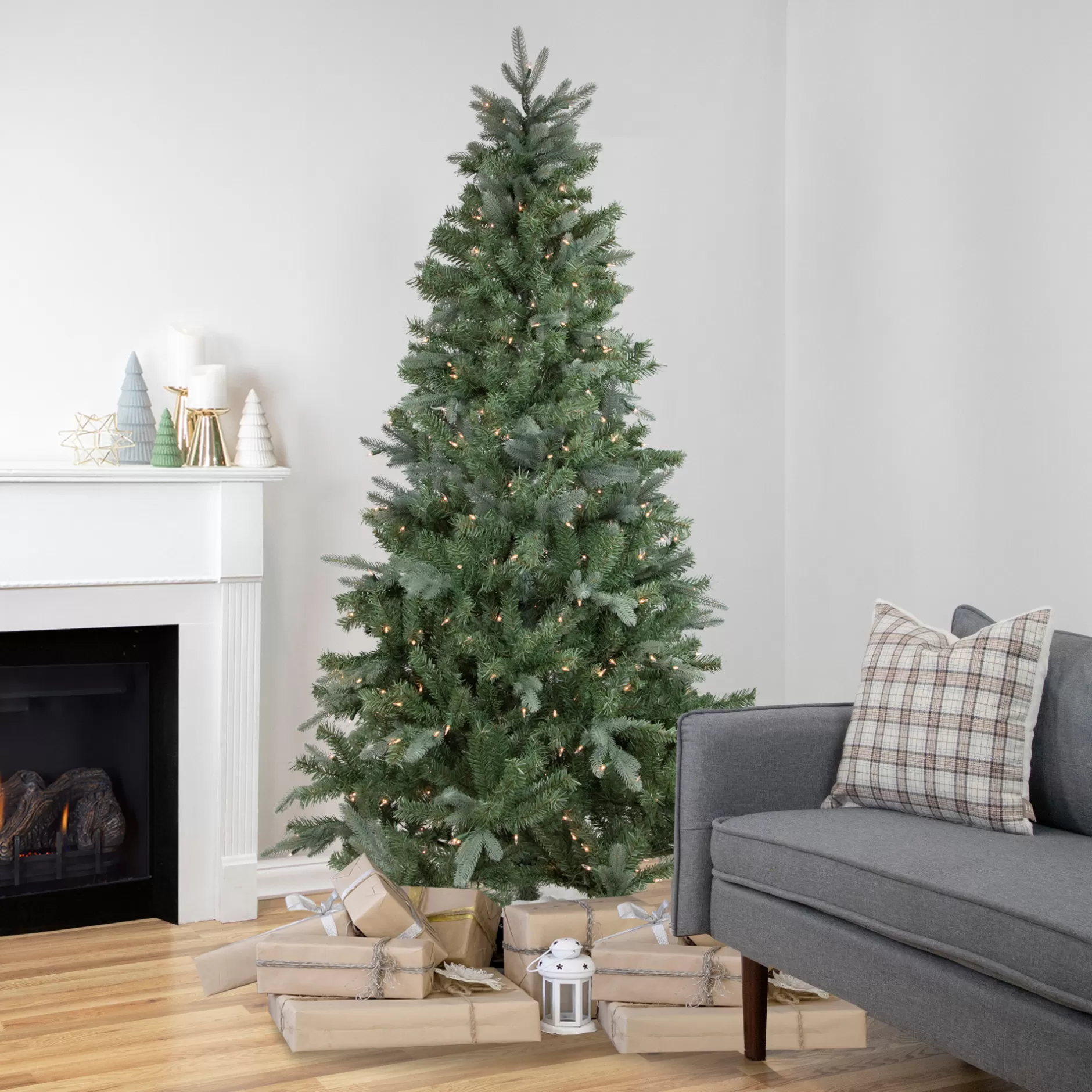 Store 7.5' Pre-Lit Granville Fraser Fir Slim Artificial Christmas Tree, Clear Lights Pre-Lit