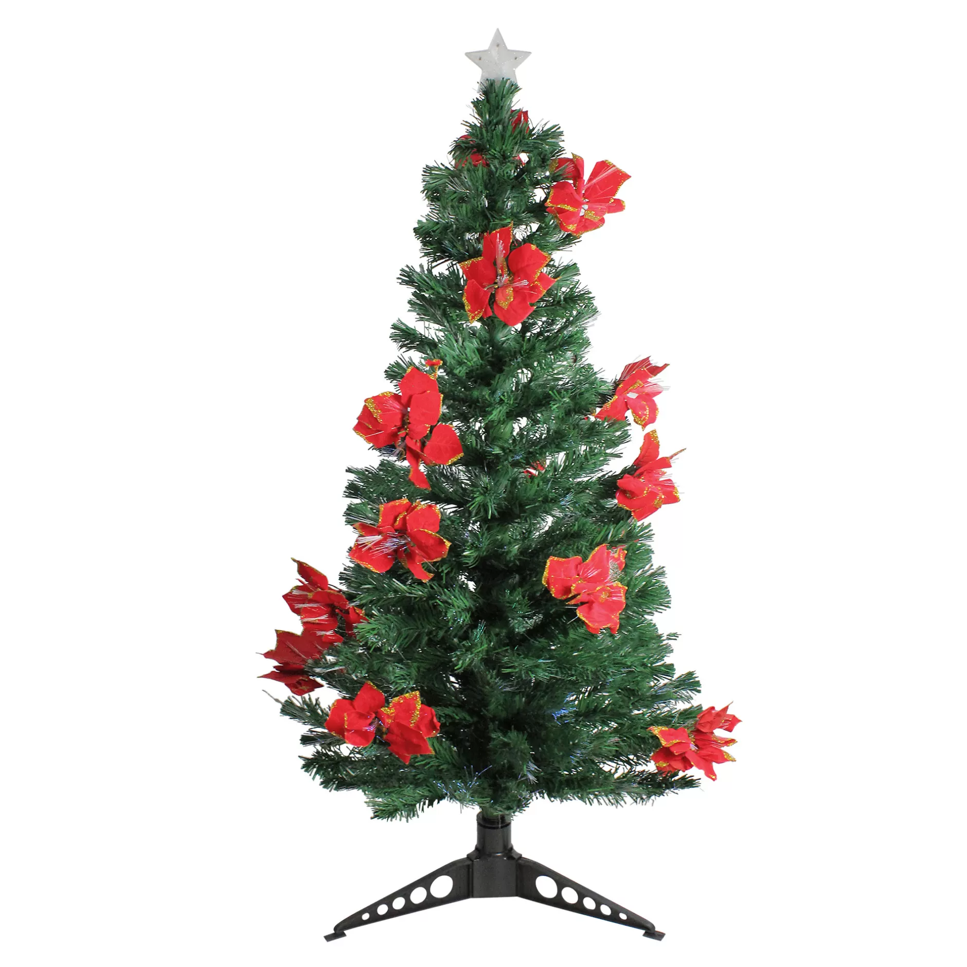 Clearance 5' Pre-Lit Medium Fiber Optic Artificial Christmas Tree With Red Poinsettias - Multicolor Lights Fiber Optic