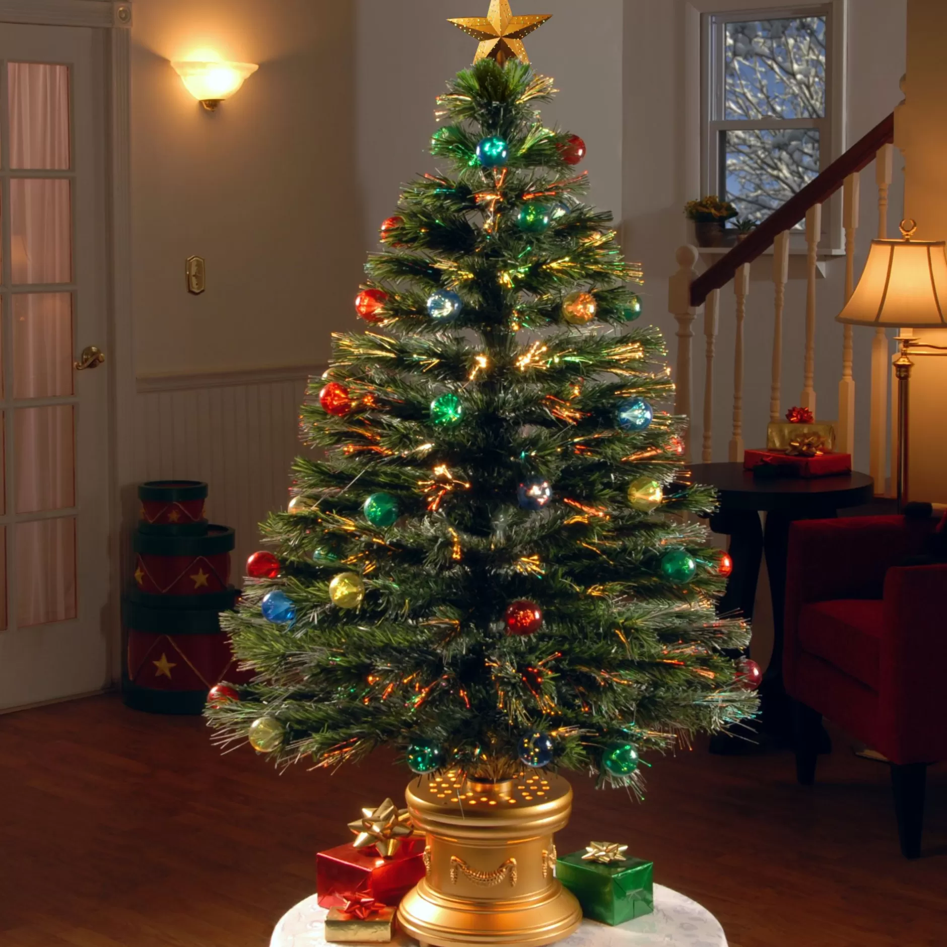 Cheap 48" Pre-Lit Medium Fiber Optic Artificial Ornamented Christmas Fireworks Tree, Led Lights Pre-Lit