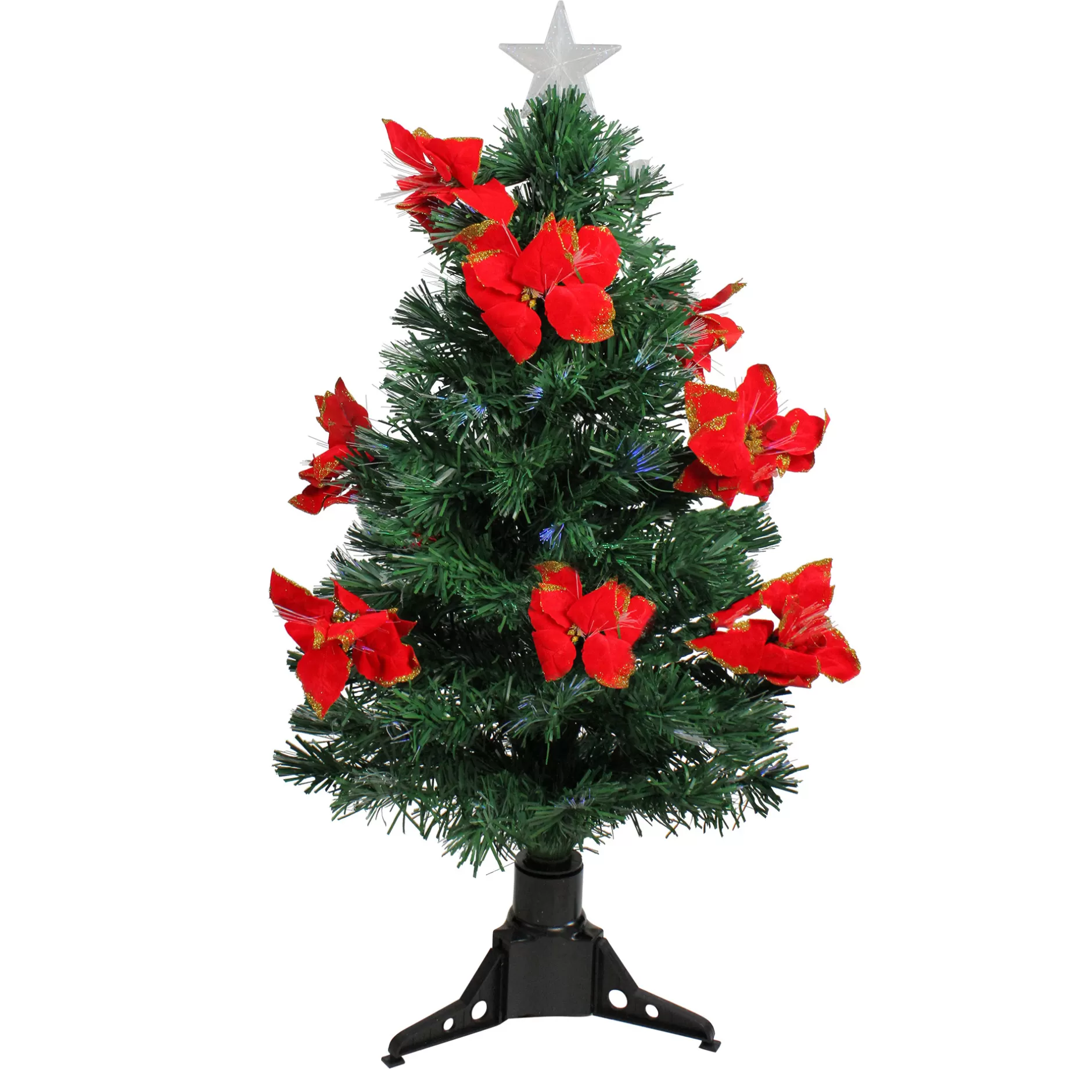Clearance 3' Pre-Lit Medium Fiber Optic Red Poinsettias Artificial Christmas Tree - Multicolor Lights Fiber Optic