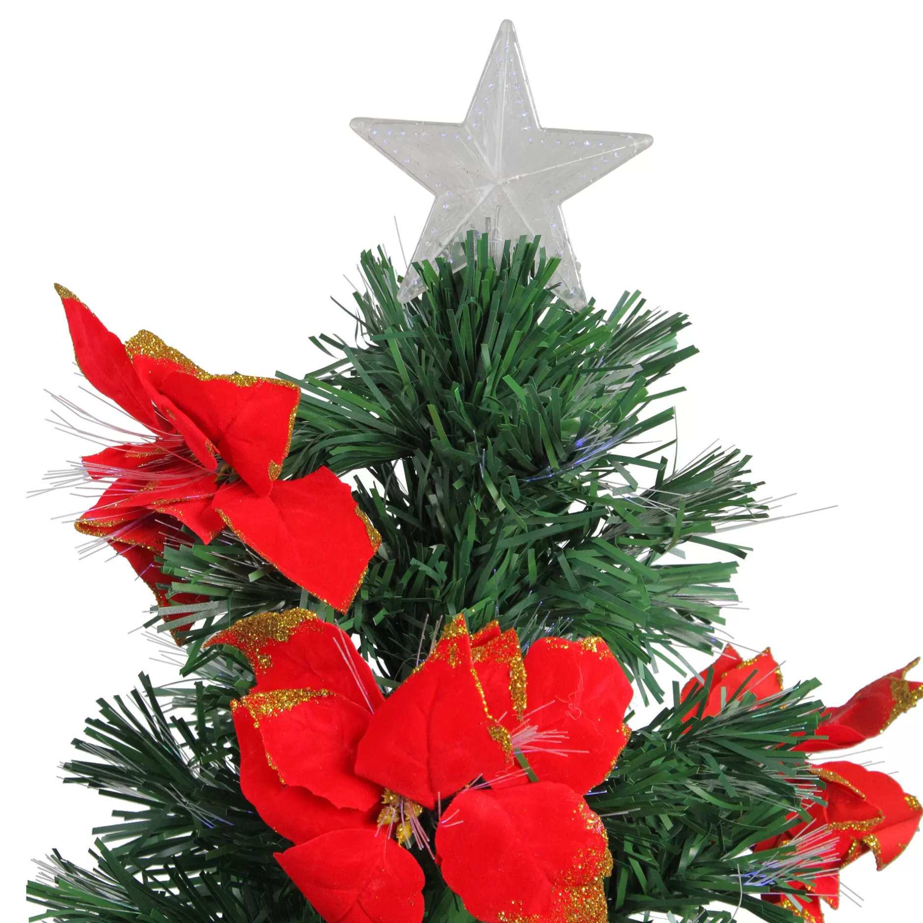 Clearance 3' Pre-Lit Medium Fiber Optic Red Poinsettias Artificial Christmas Tree - Multicolor Lights Fiber Optic