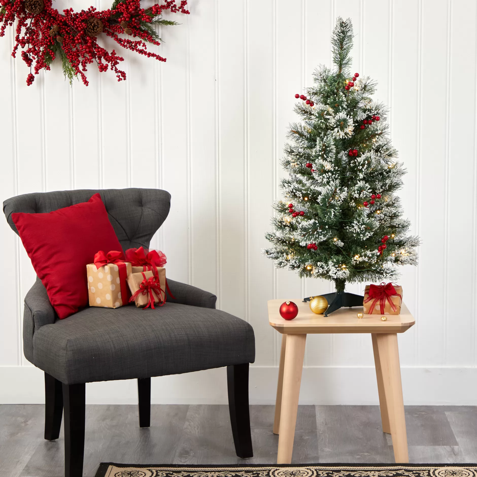 Discount 3' Pre-Lit Medium Frosted Swiss Pine With Berries Christmas Tree, Warm Clear Led Lights Pre-Lit