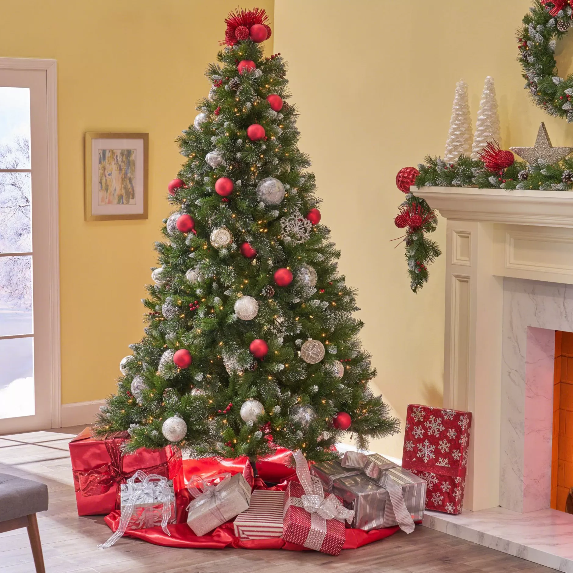 Fashion 7' Pre-Lit Medium Mixed Spruce Artificial Christmas Tree With Glittered Branches - Clear Lights Pre-Lit