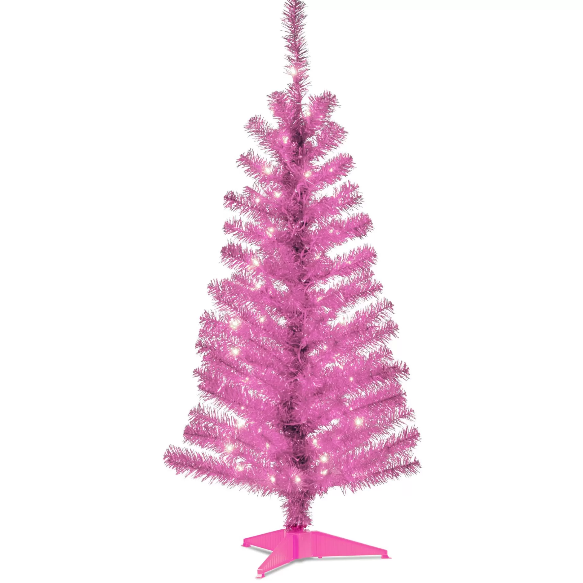 New 4' Pre-Lit Medium Pink Tinsel Artificial Christmas Tree, Clear Lights Colorful