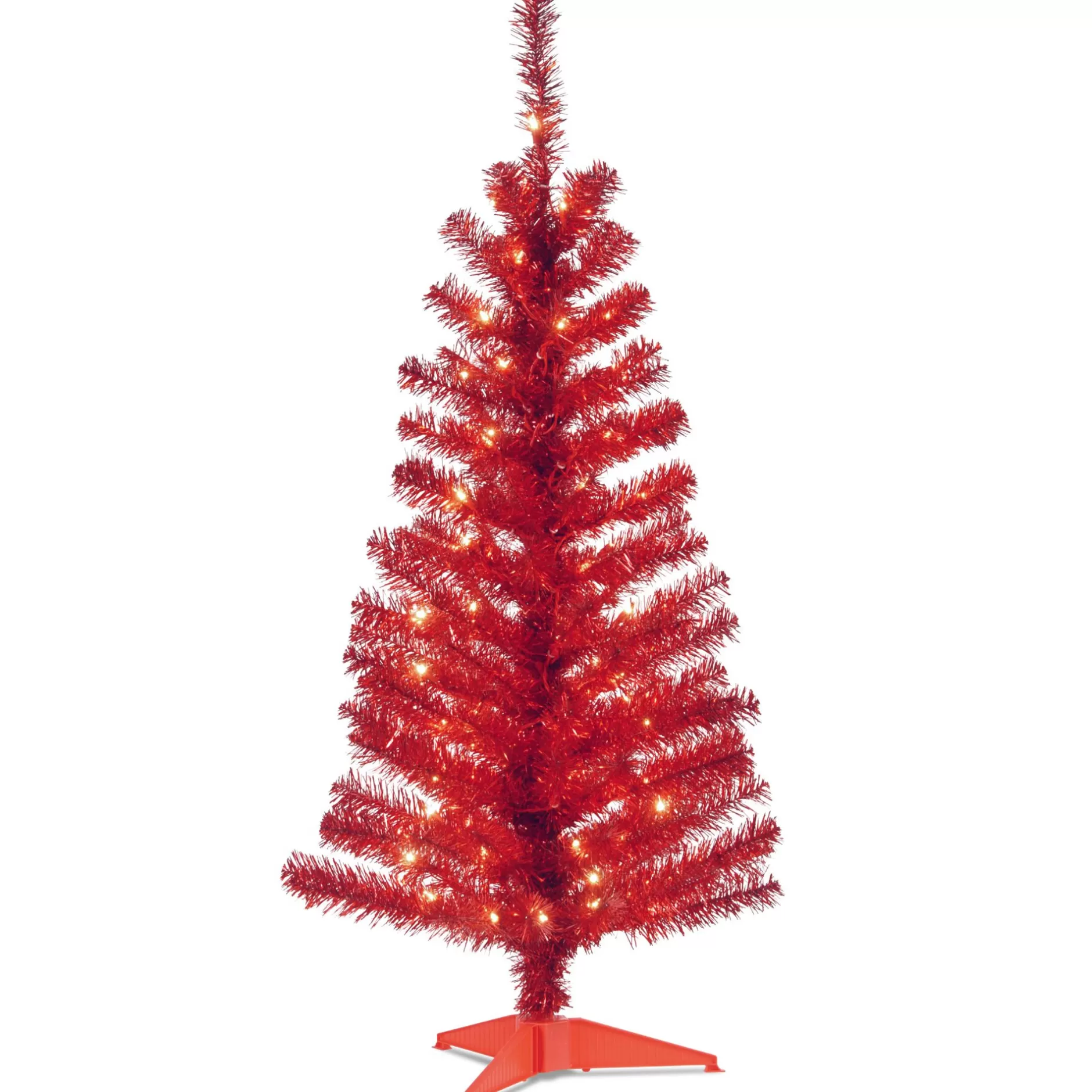 Cheap 4' Pre-Lit Medium Red Tinsel Artificial Christmas Tree, Clear Lights Colorful