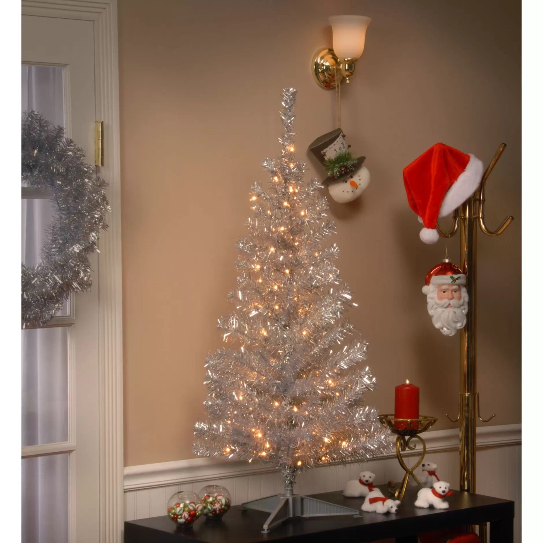 Shop 4' Pre-Lit Medium Silver Tinsel Artificial Christmas Tree - 70 Clear Lights Pre-Lit