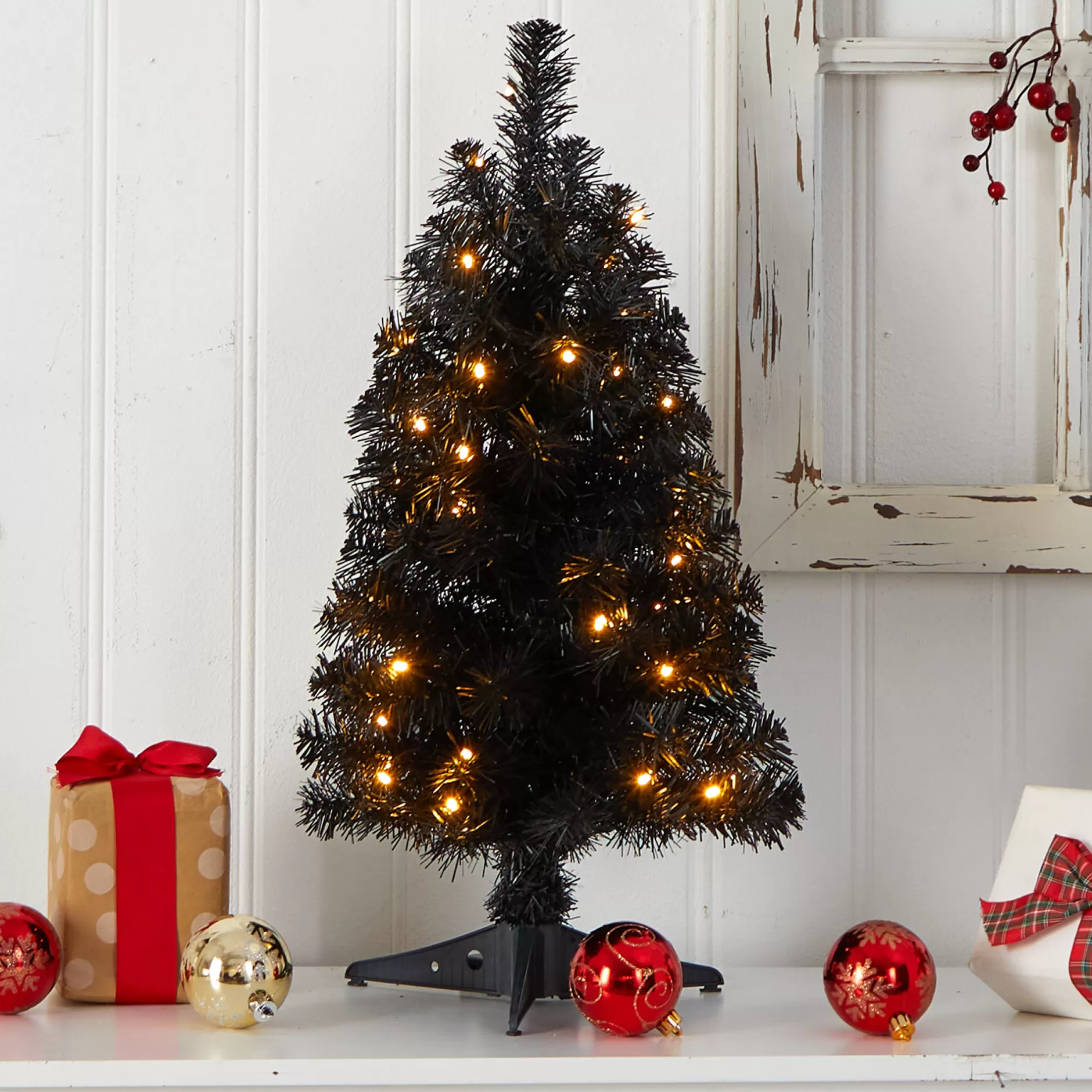 Clearance 2' Pre-Lit Mini Black Artificial Christmas Tree, Clear Led Lights Colorful