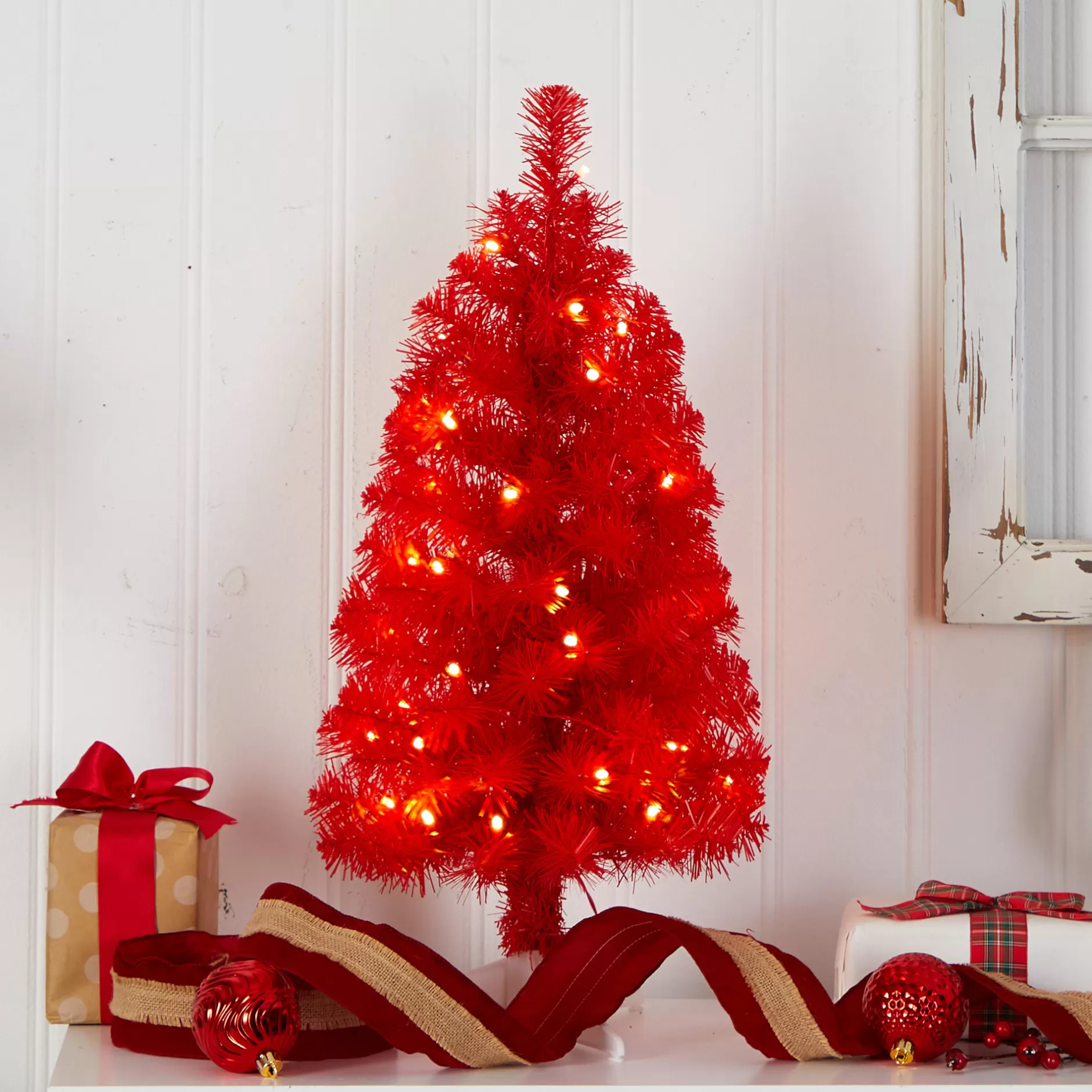 Sale 2' Pre-Lit Mini Red Artificial Christmas Tree, Clear Led Lights Colorful