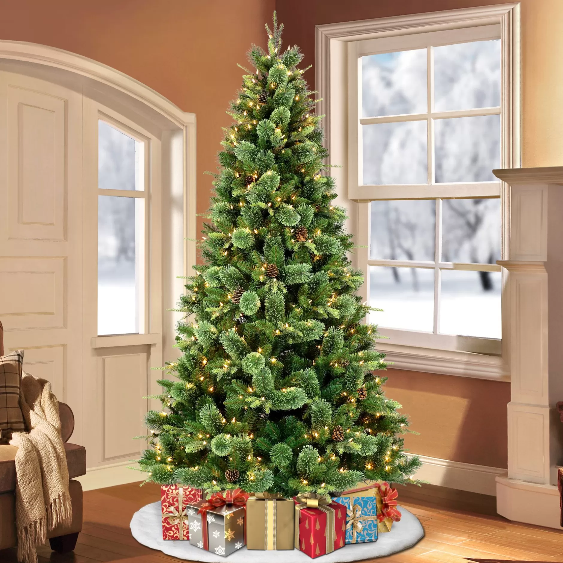 Store 7.5' Pre-Lit Montana Pine Artificial Christmas Tree, Clear Lights Pre-Lit