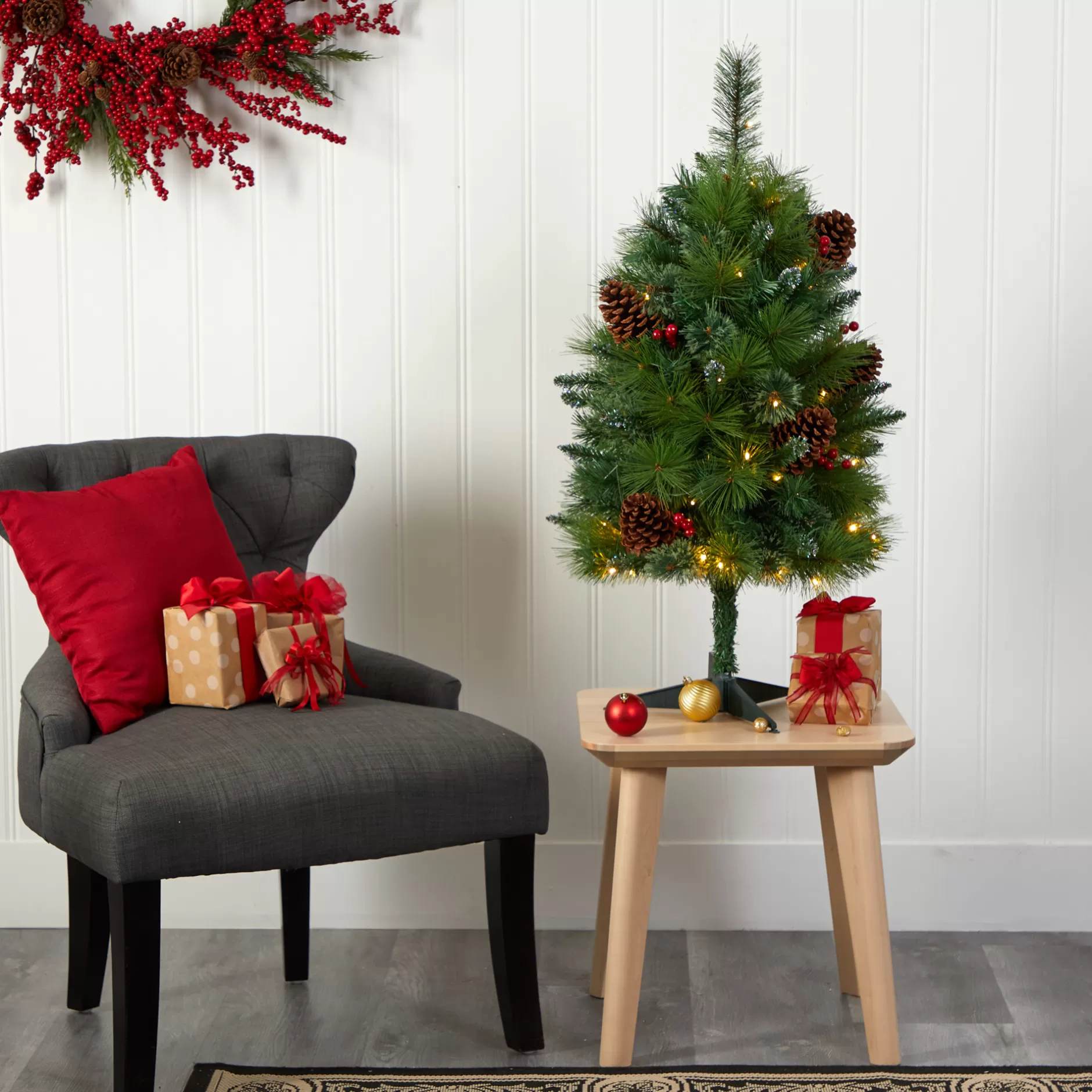 Best 3' Pre-Lit Montana Pine Artificial Christmas Tree, Warm Clear Led Lights Pre-Lit