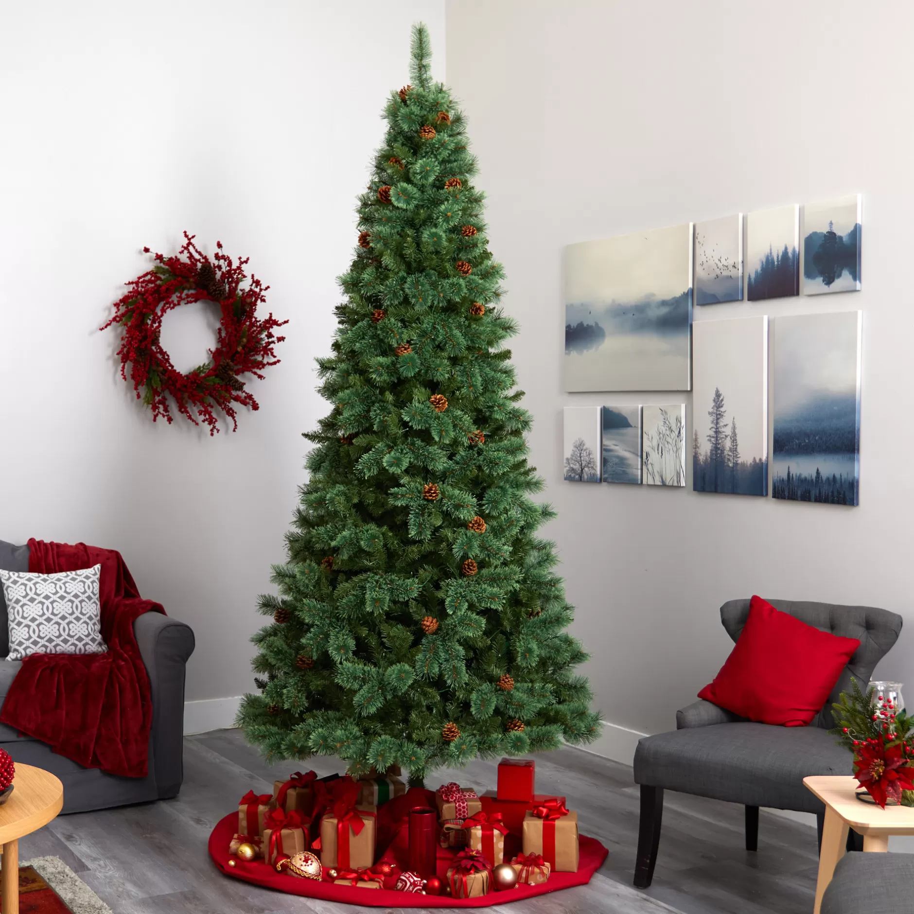 Cheap 9' Pre-Lit Mountain Pine And Pinecones Artificial Christmas Tree, Warm Clear Led Lights Pre-Lit