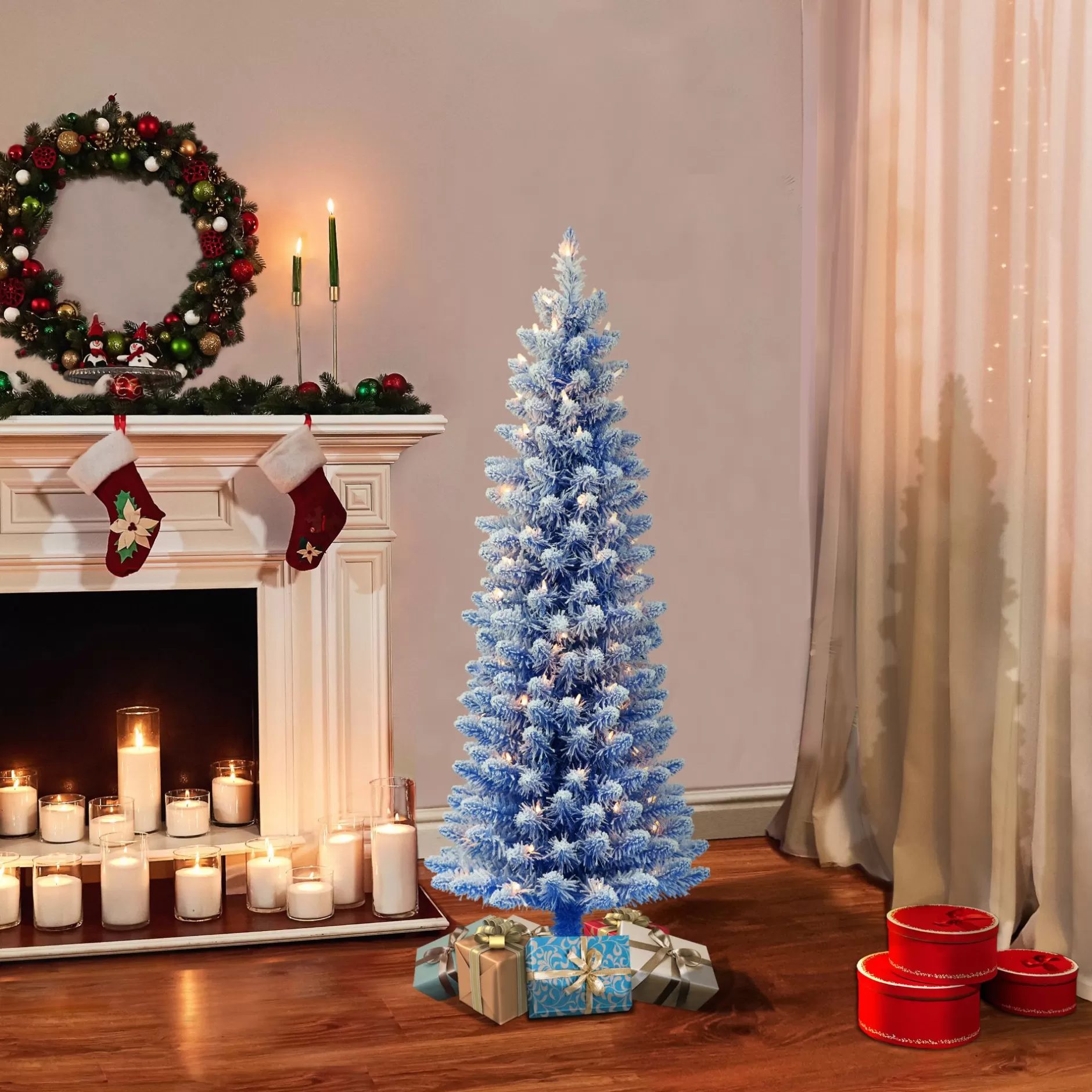 Shop 4.5' Pre-Lit Pencil Flocked Blue Artificial Christmas Tree, Clear Lights Colorful