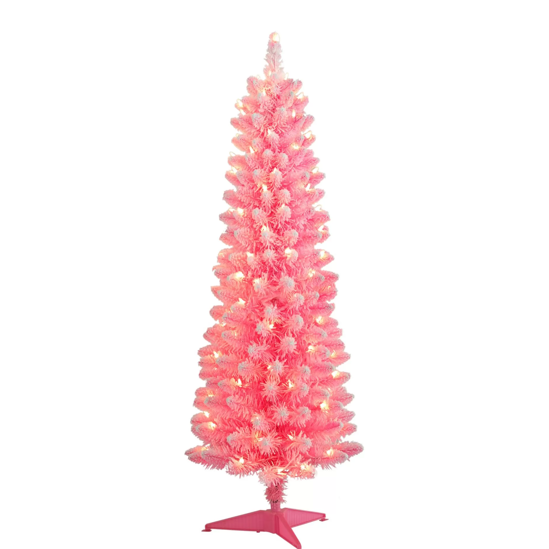 Cheap 4.5' Pre-Lit Pencil Flocked Pink Artificial Christmas Tree, Clear Lights Colorful