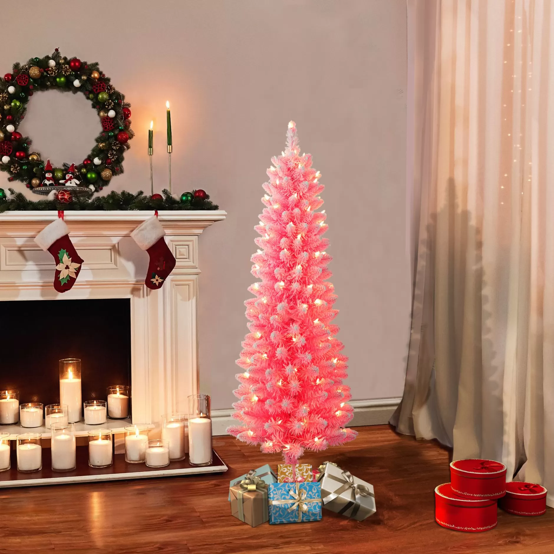 Cheap 4.5' Pre-Lit Pencil Flocked Pink Artificial Christmas Tree, Clear Lights Colorful