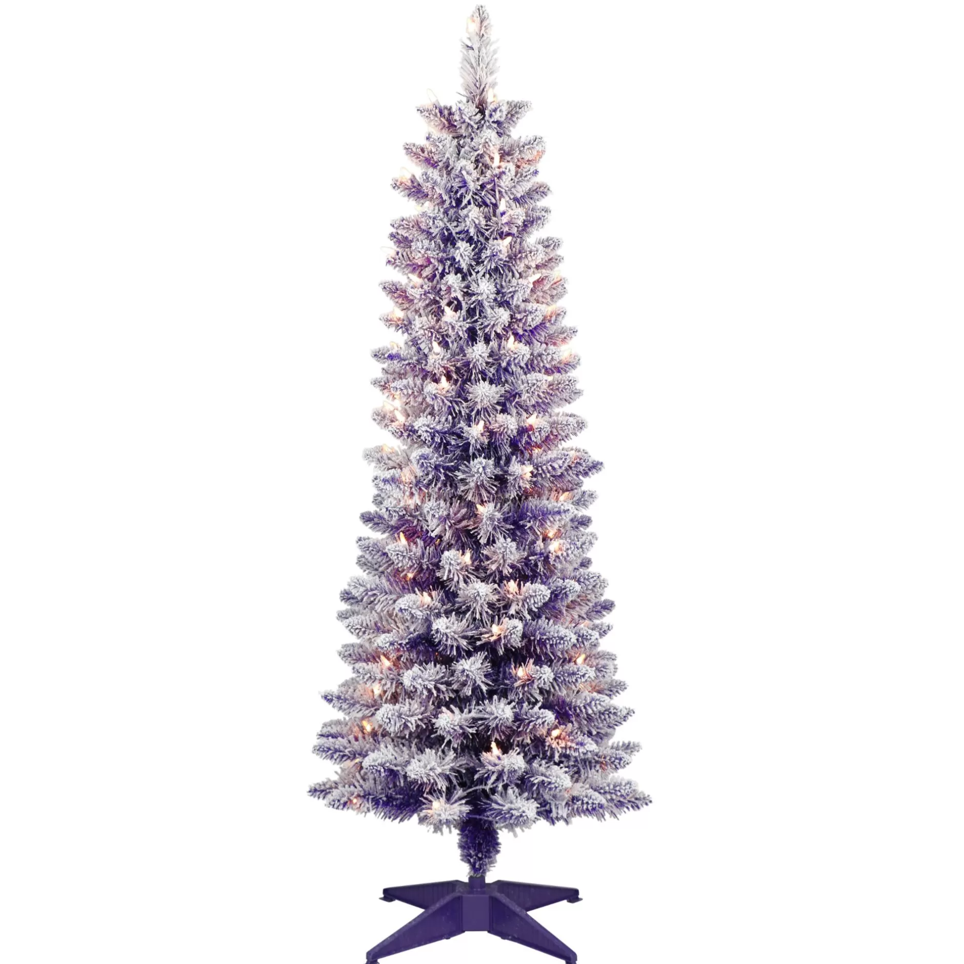 Cheap 4.5' Pre-Lit Pencil Flocked Purple Artificial Christmas Tree, Clear Lights Colorful