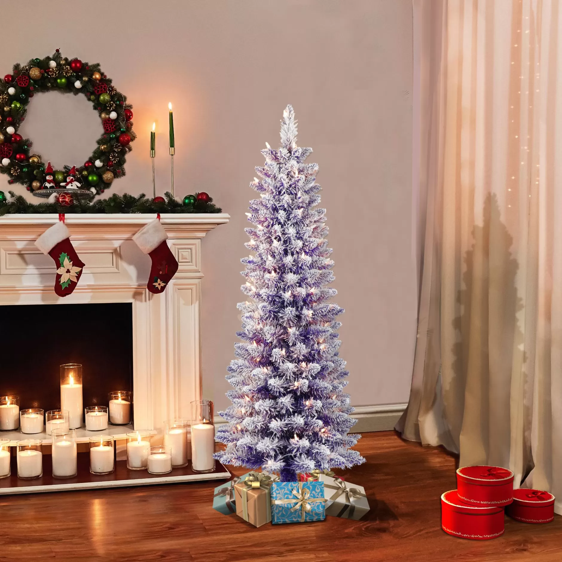 Cheap 4.5' Pre-Lit Pencil Flocked Purple Artificial Christmas Tree, Clear Lights Colorful